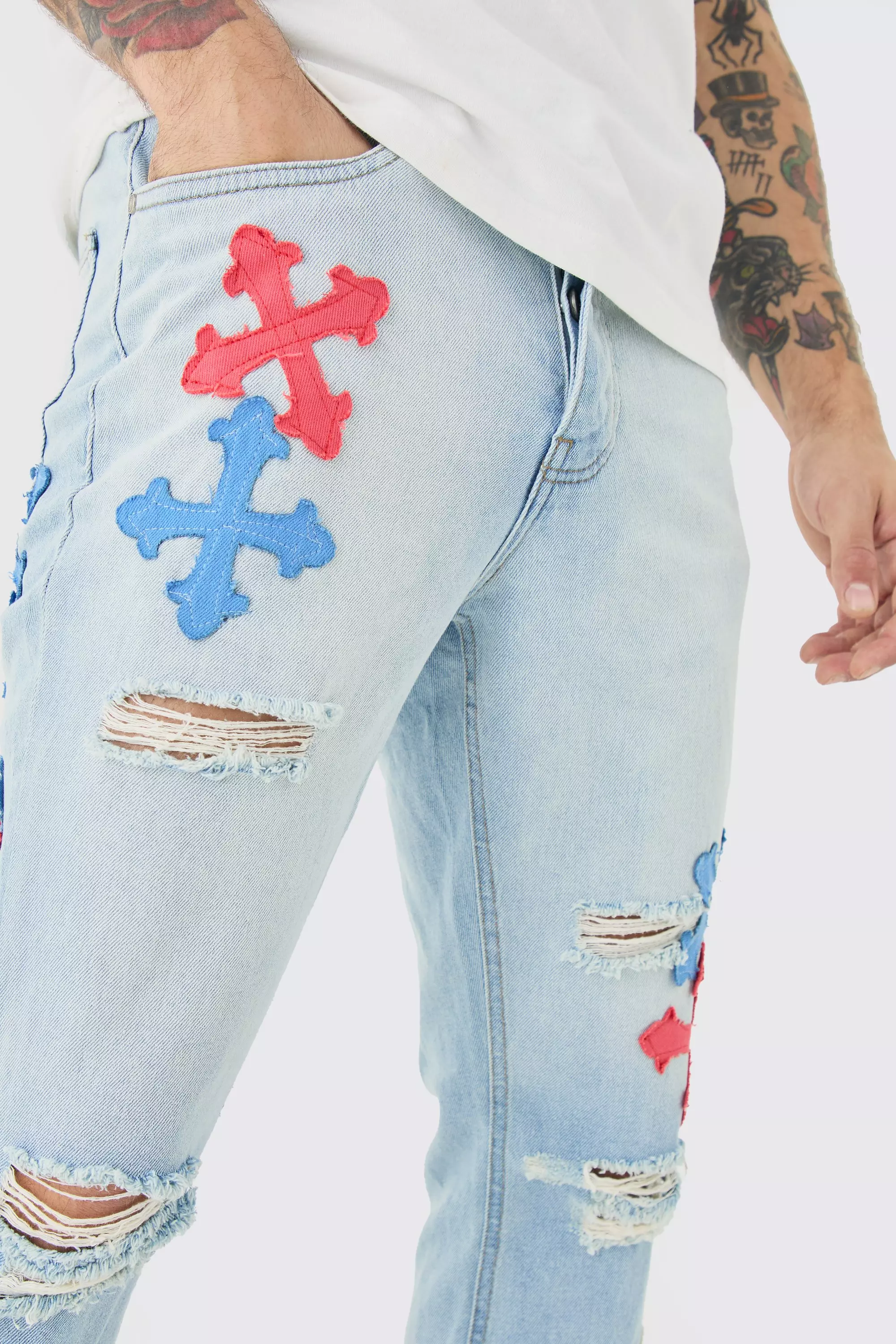 Slim Rigid Flare Applique Jeans In Ice Blue alternative image