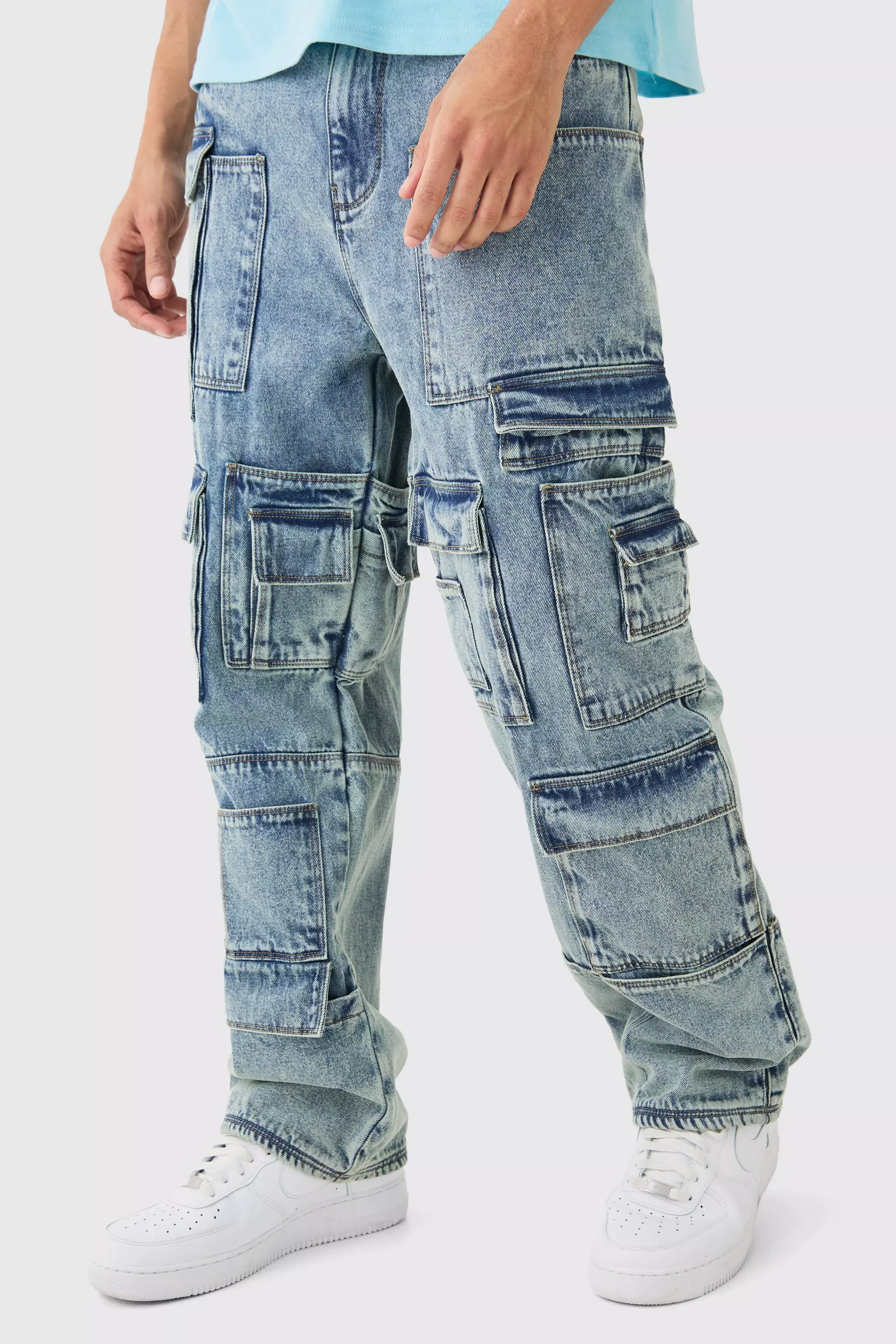 Blue Relaxed Rigid Multi Pocket Cargo Jeans In Tinted Blue