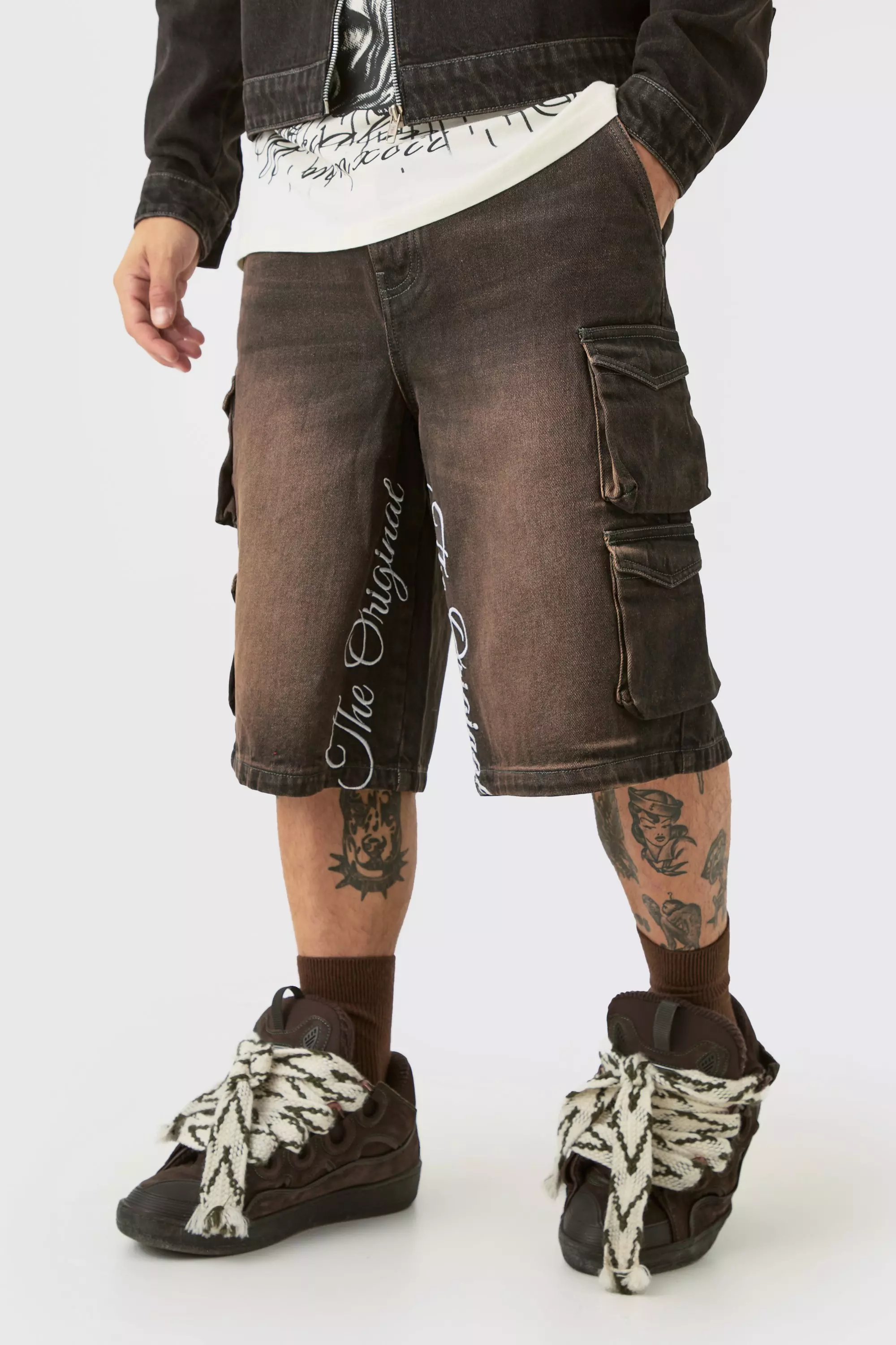 Embroidered Denim Cargo Jorts In Brown Brown