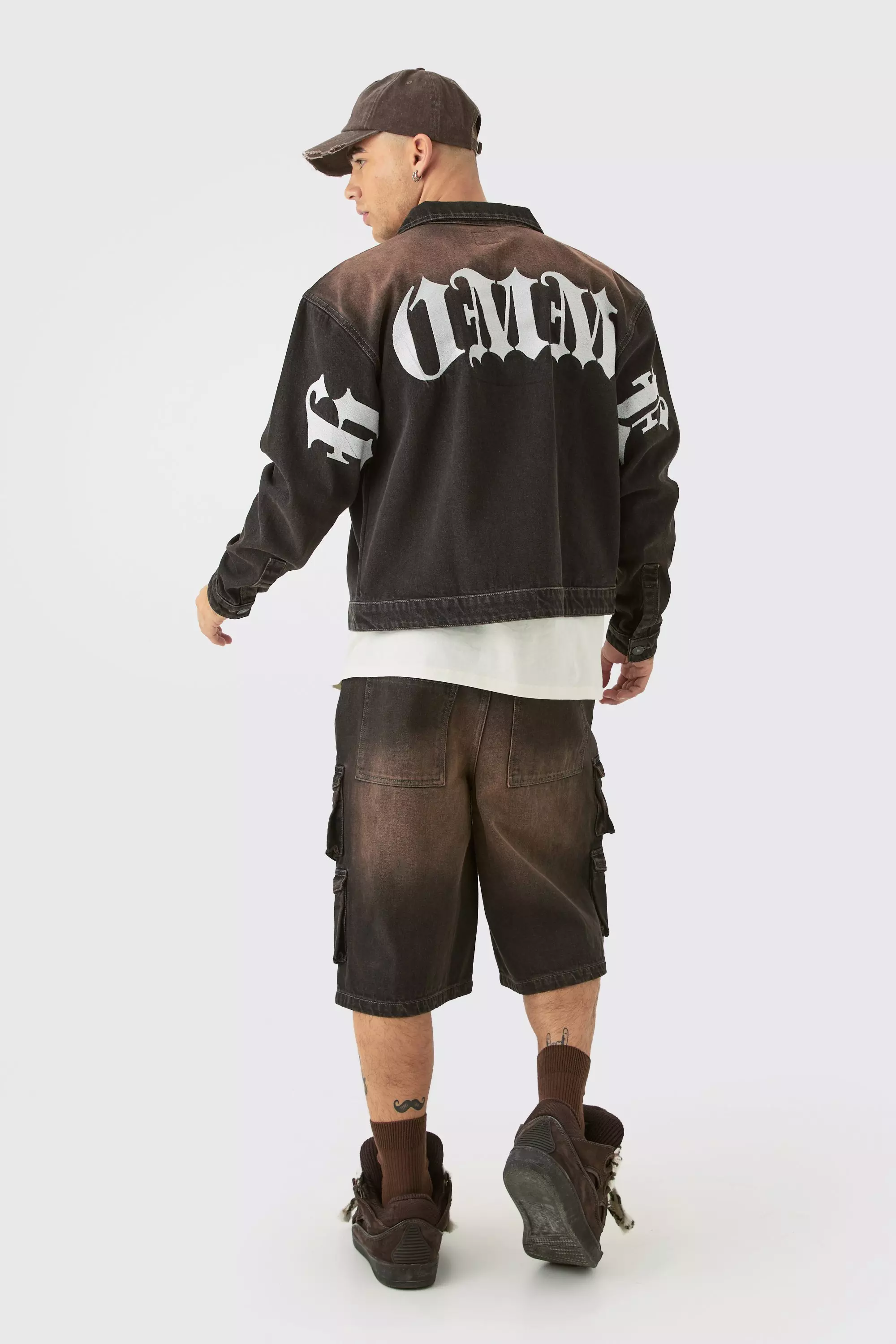 Embroidered Denim Cargo Jorts In Brown | boohooMAN USA