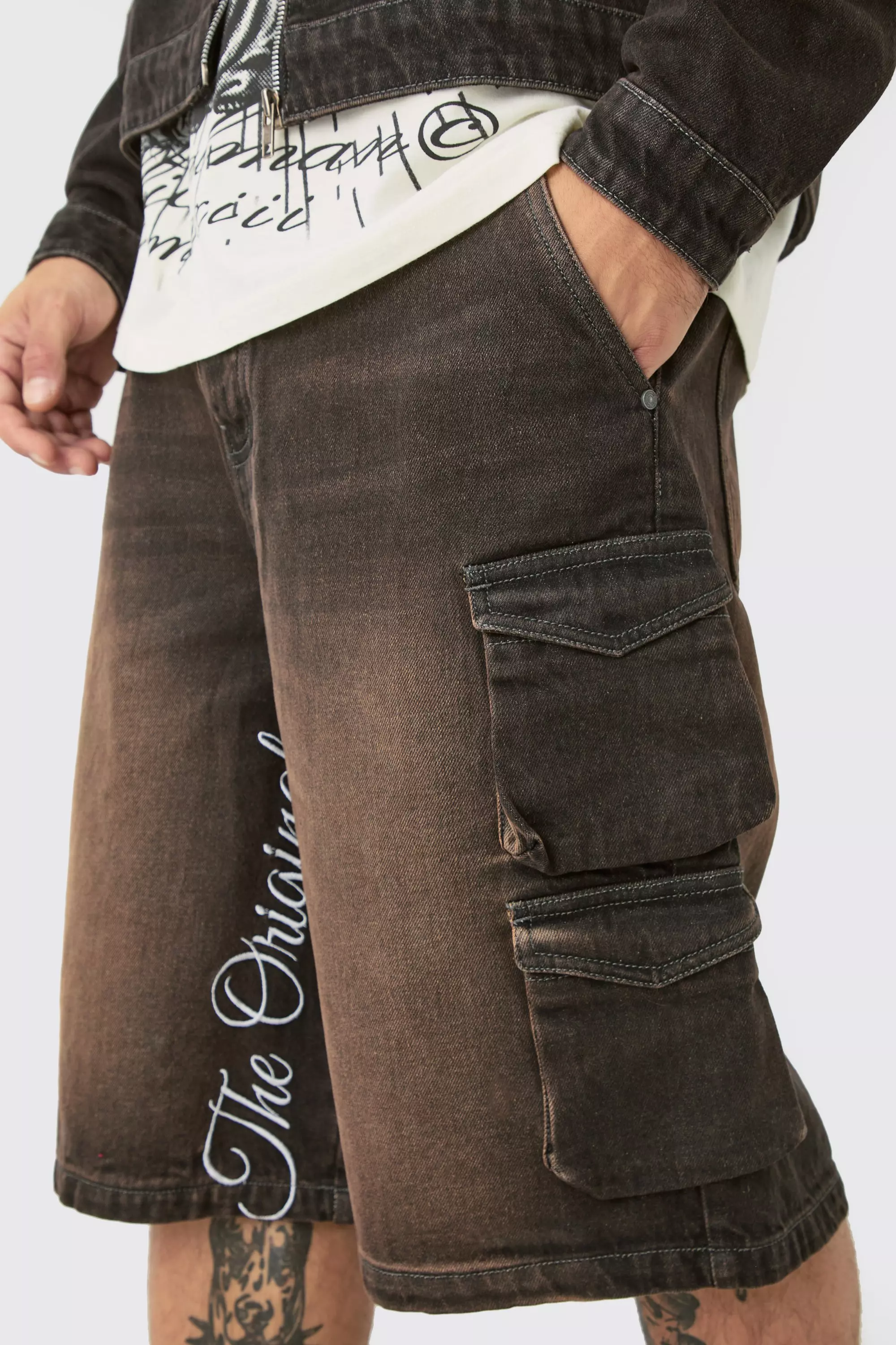 Embroidered Denim Cargo Jorts In Brown | boohooMAN USA
