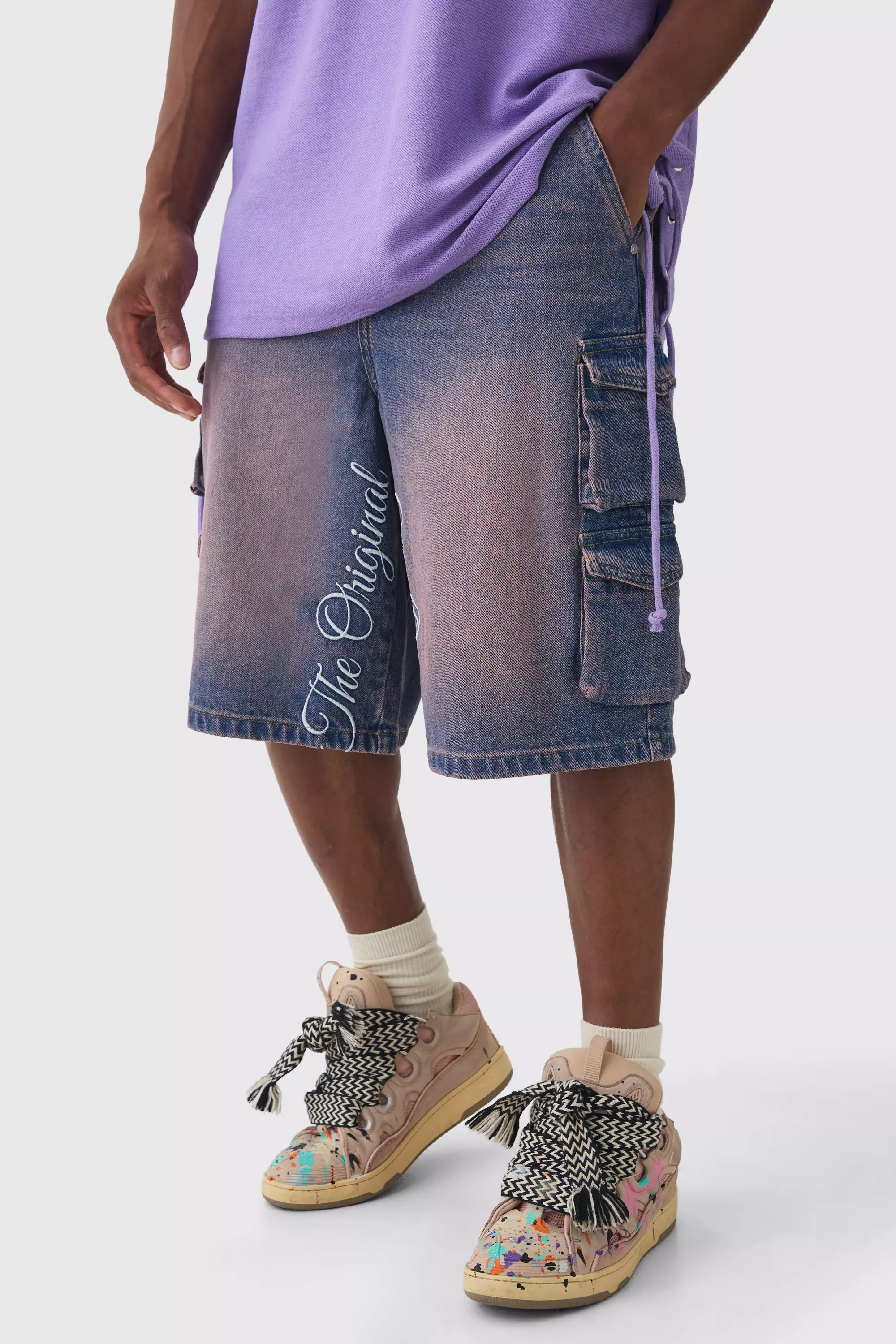 Pink Embroidered Denim Cargo Jorts In Pink