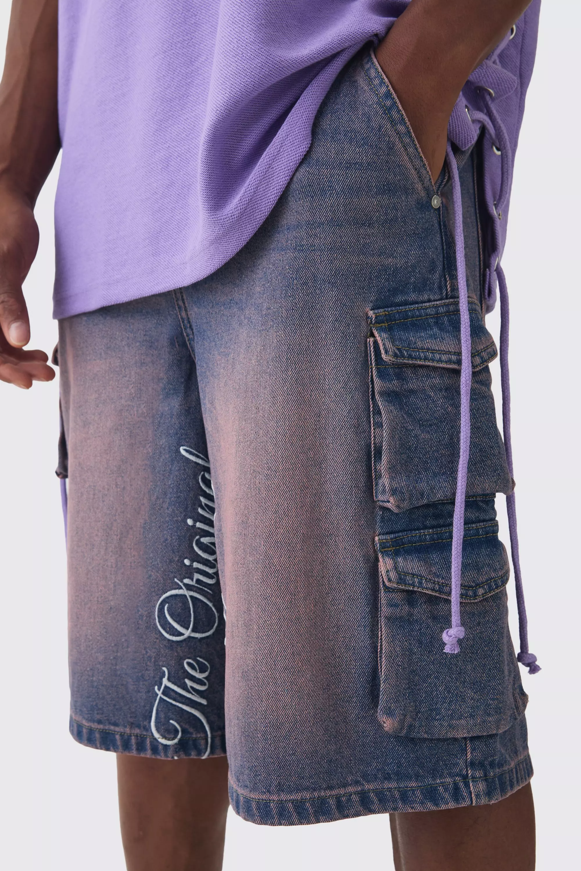 Embroidered Denim Cargo Jorts In Pink alternative image