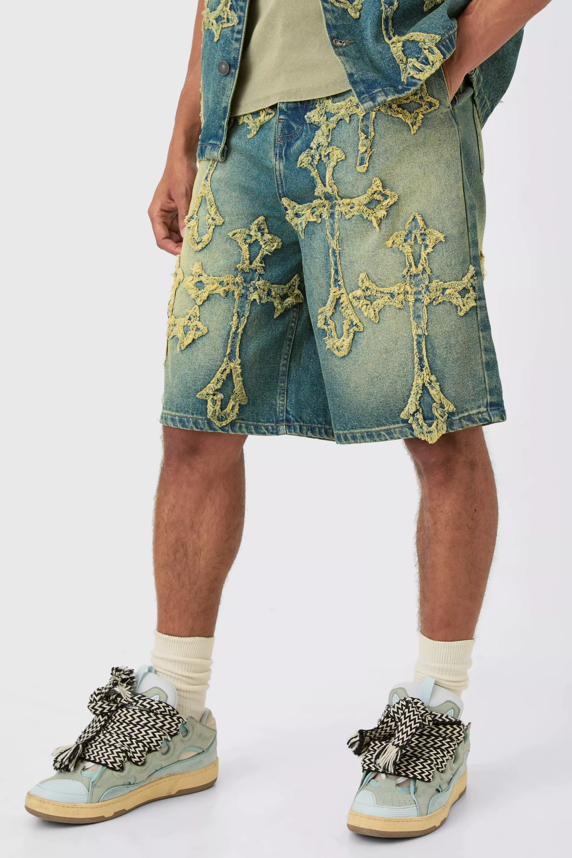 Distressed Cross Applique Denim Jorts In Green alternative image