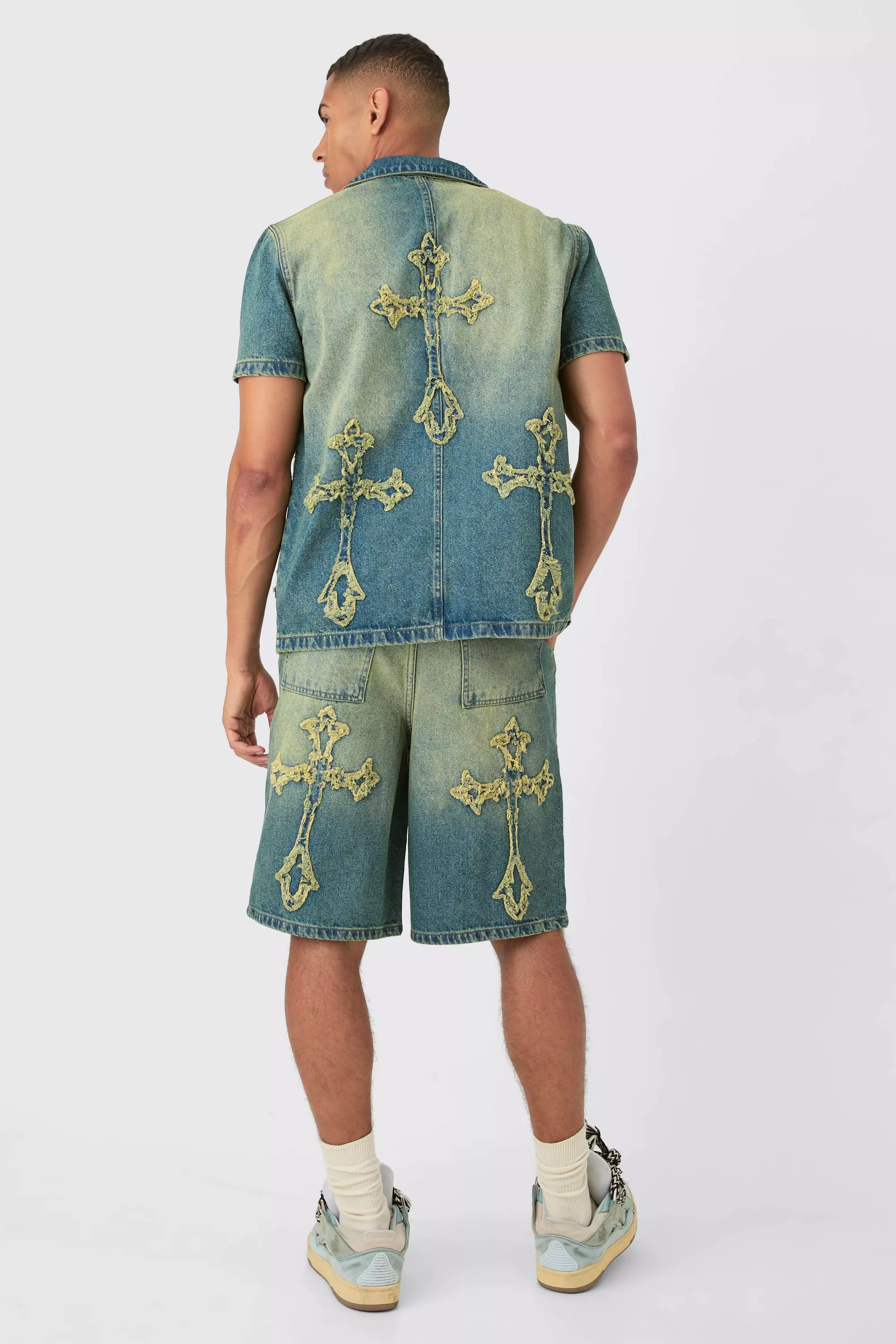Distressed Cross Applique Denim Jorts In Green alternative image
