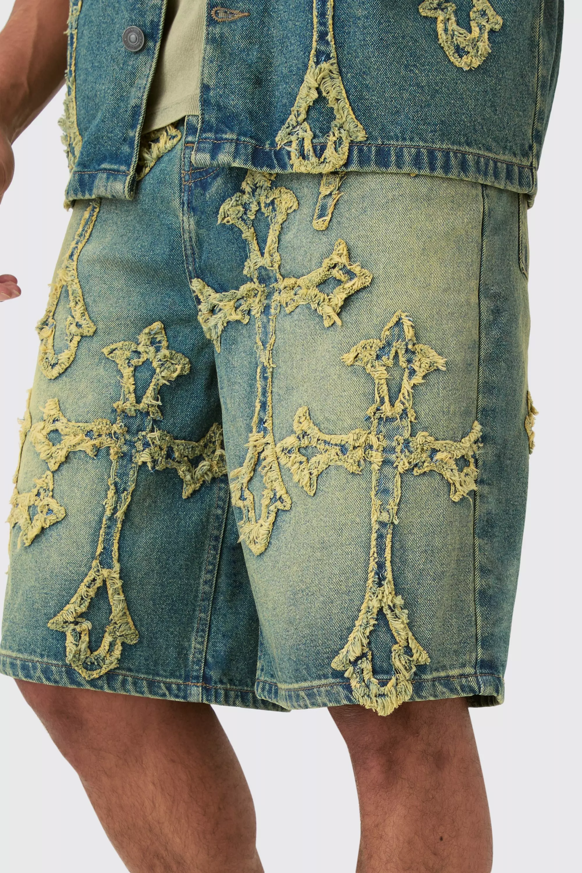 Distressed Cross Applique Denim Jorts In Green alternative image