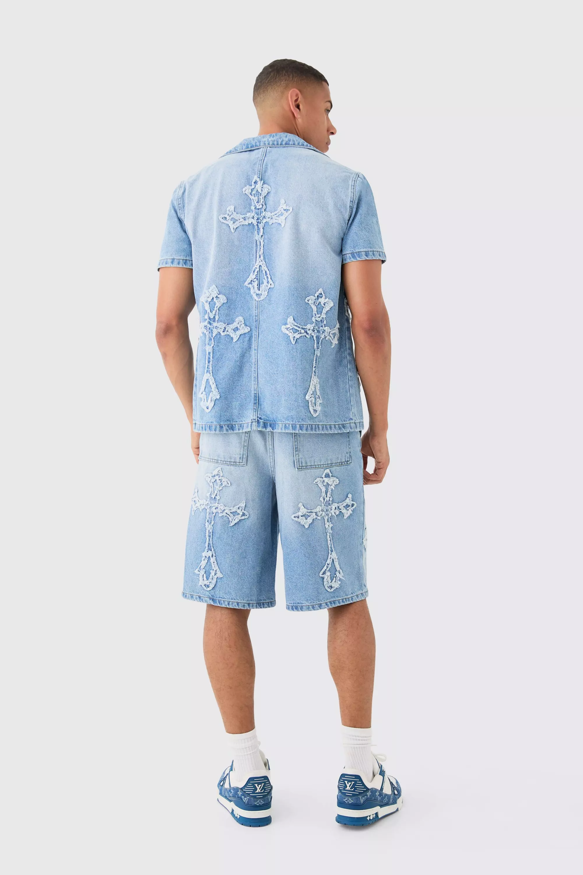 Distressed Cross Applique Denim Jorts In Light Blue | boohooMAN USA