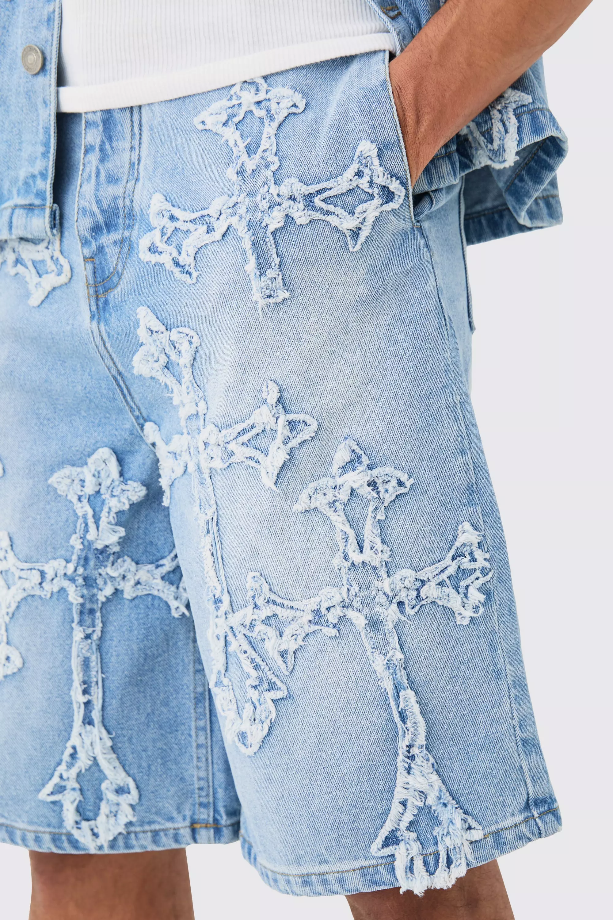 Distressed Cross Applique Denim Jorts In Light Blue | boohooMAN USA