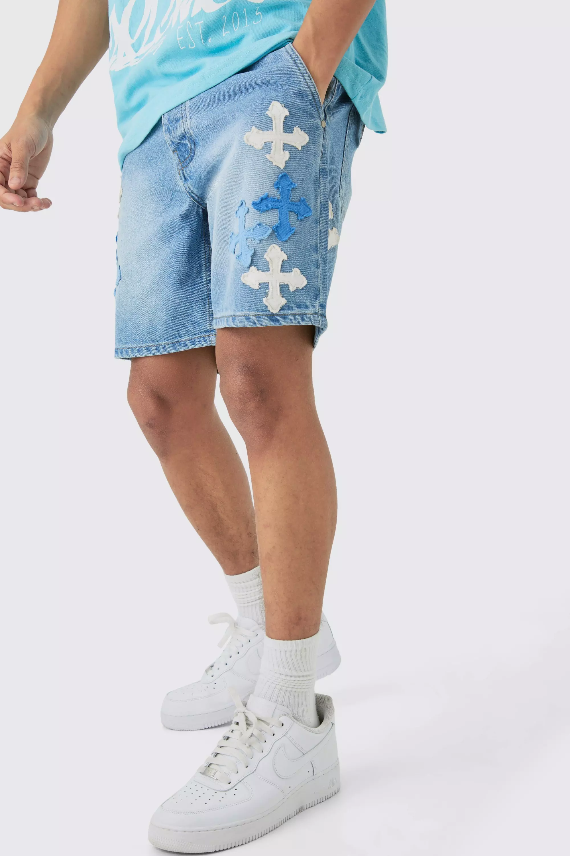 Slim Rigid Applique Denim Shorts In Light Blue alternative image