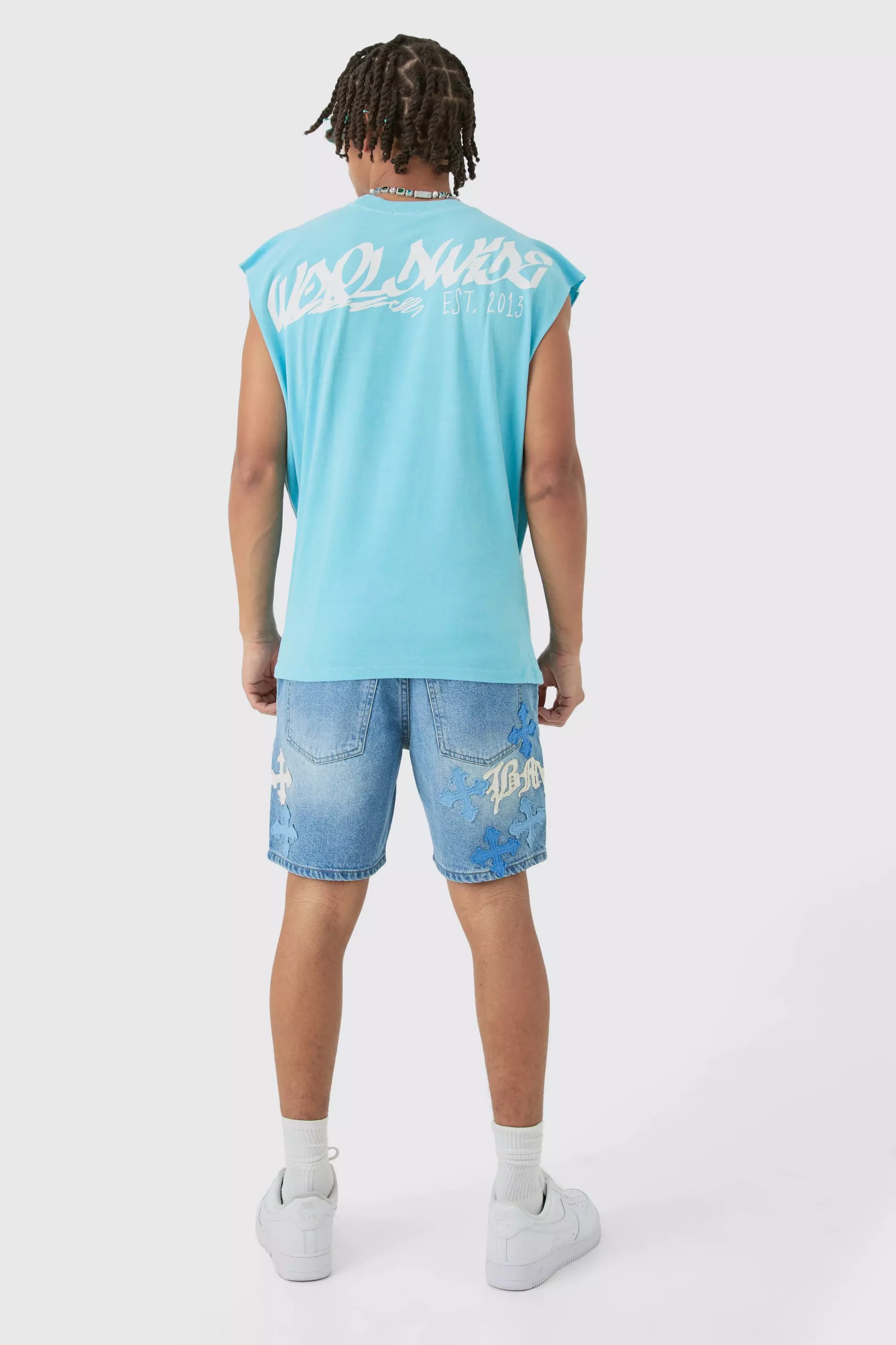 Slim Rigid Applique Denim Shorts In Light Blue alternative image