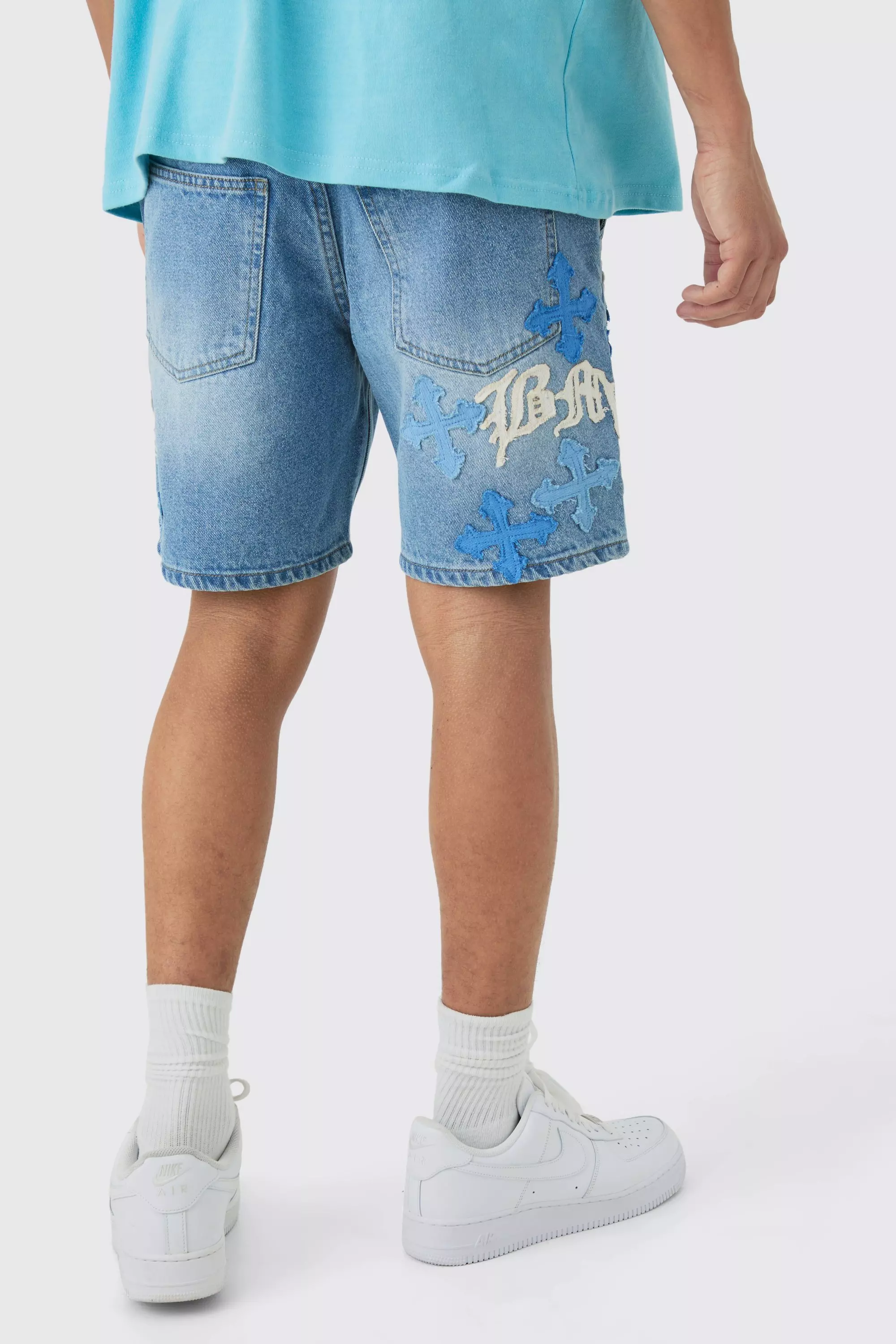 Slim Rigid Applique Denim Shorts In Light Blue alternative image