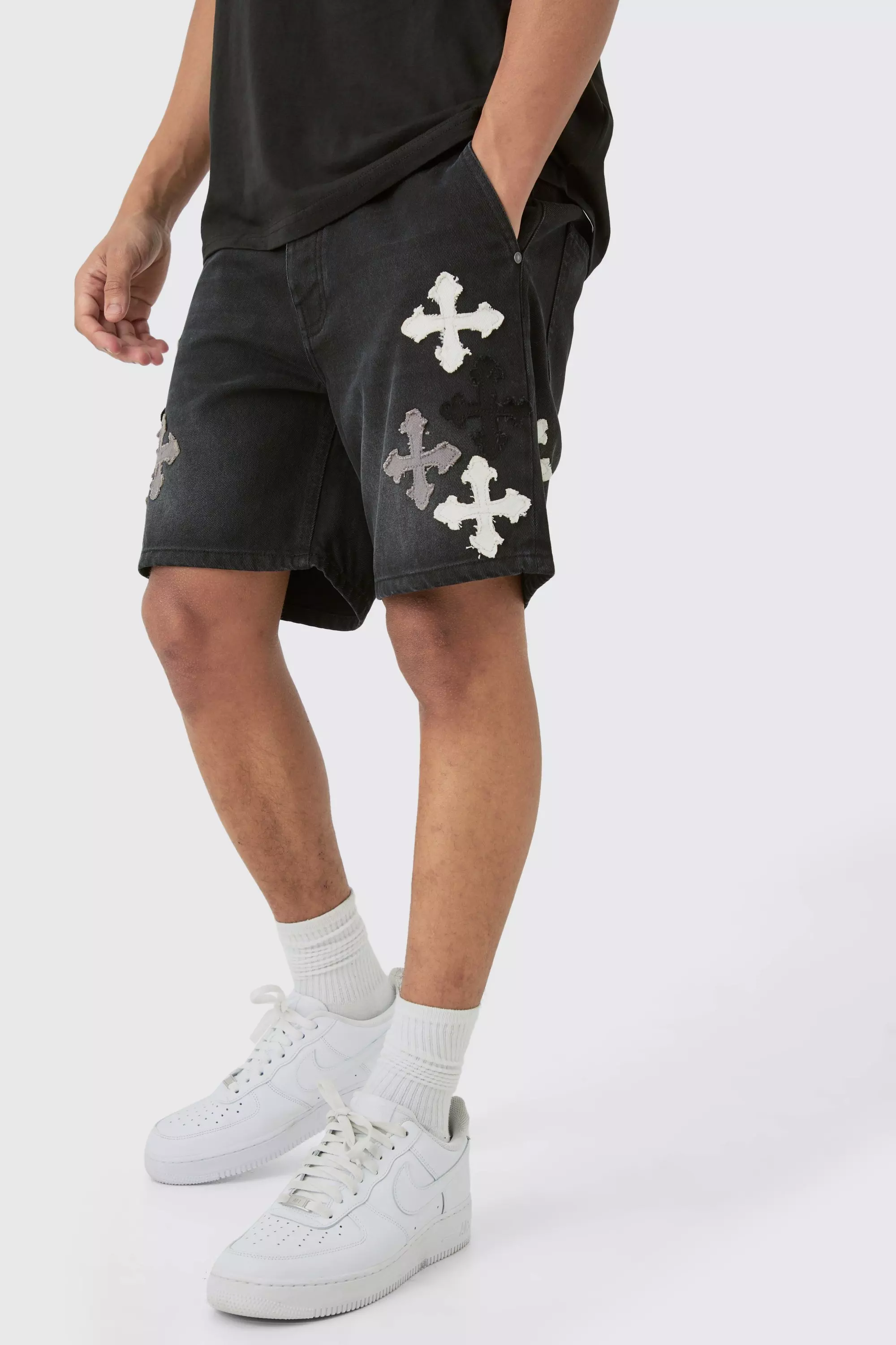 Slim Rigid Applique Jean Shorts In Washed Black alternative image