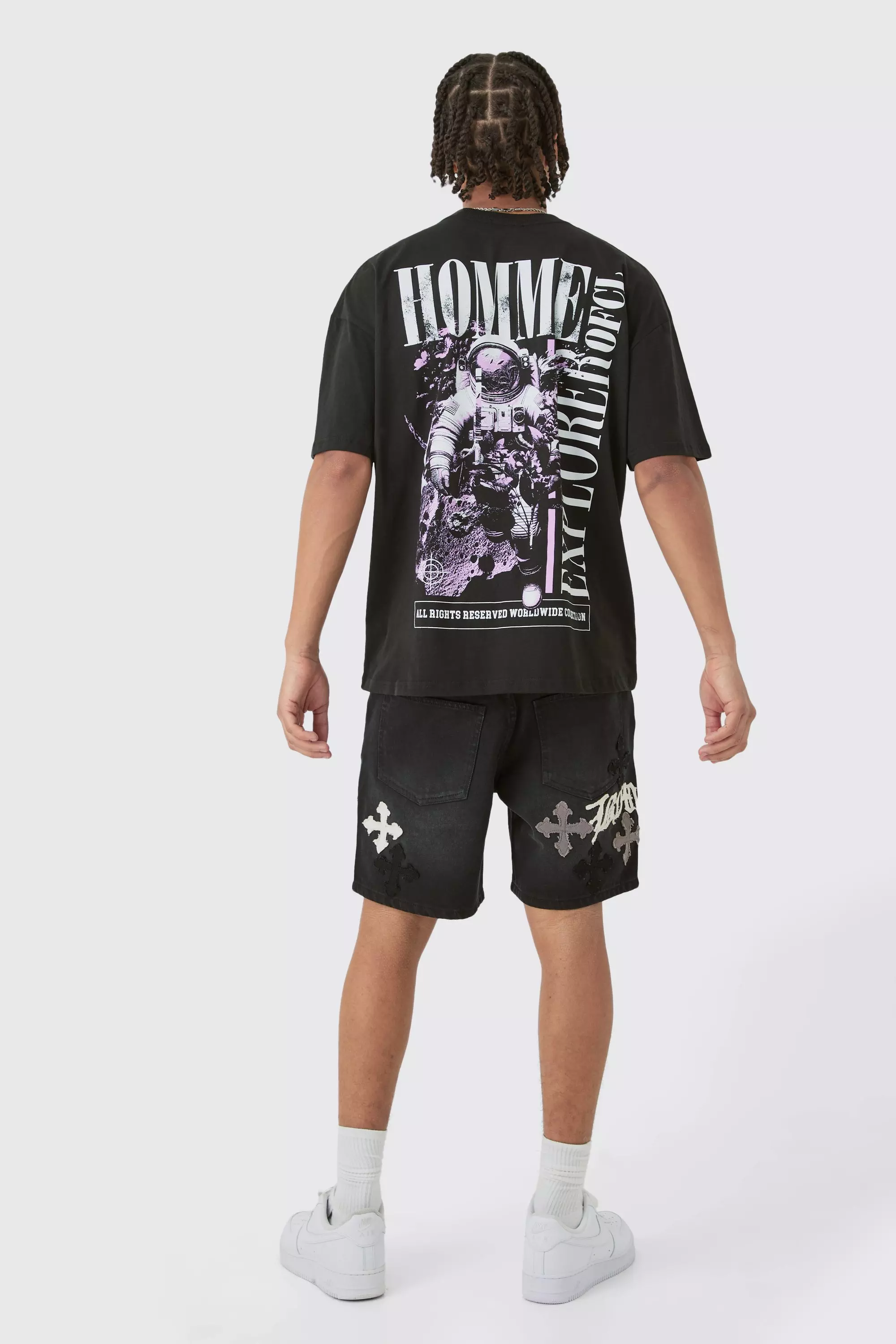 Slim Rigid Applique Jean Shorts In Washed Black alternative image
