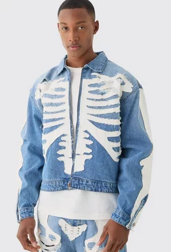Boxy Fit Skeleton Applique Distressed Denim Jacket In Light Blue Light blue