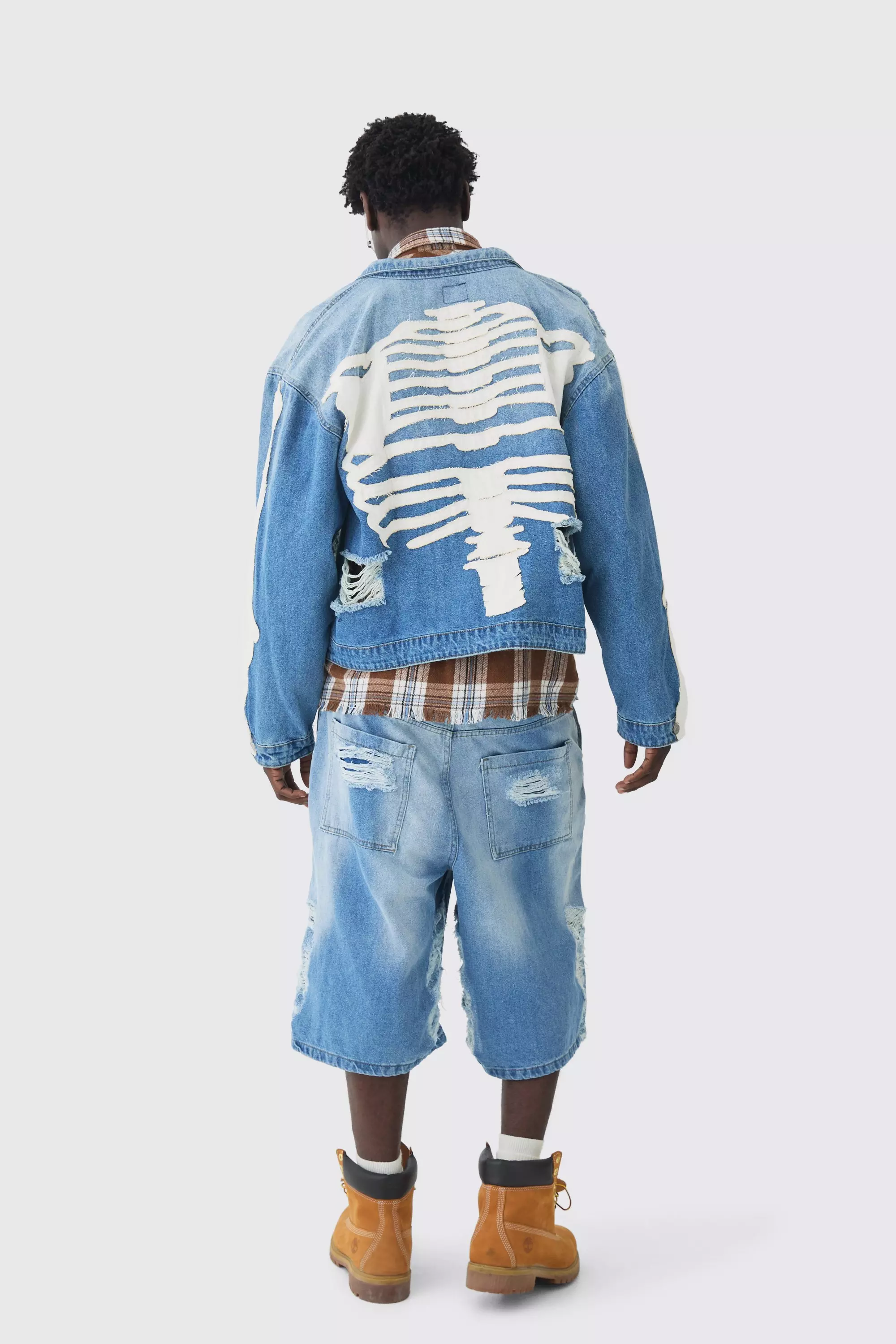 Boxy Fit Skeleton Applique Distressed Denim Jacket In Light Blue | boohooMAN USA