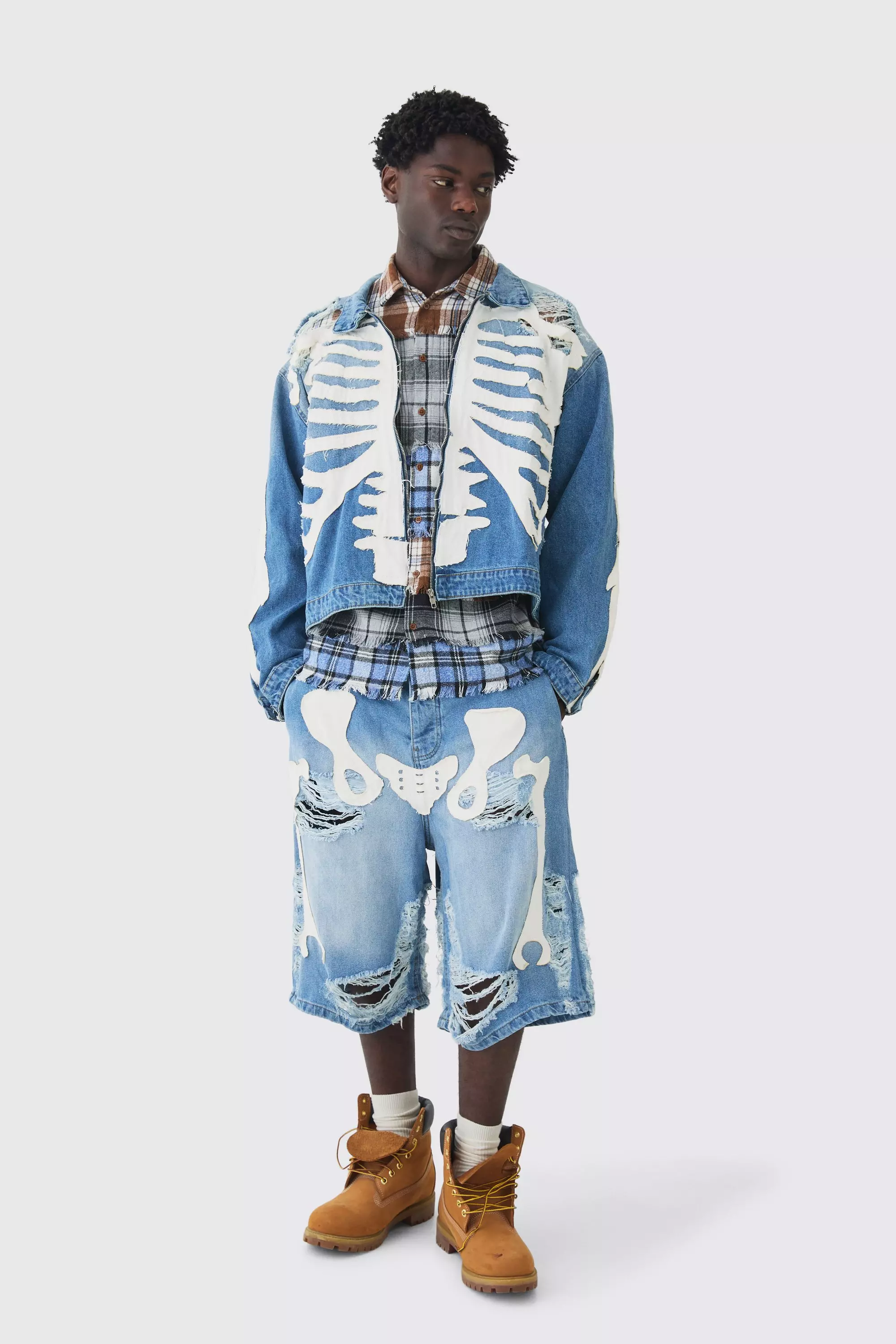Boxy Fit Skeleton Applique Distressed Denim Jacket In Light Blue | boohooMAN USA