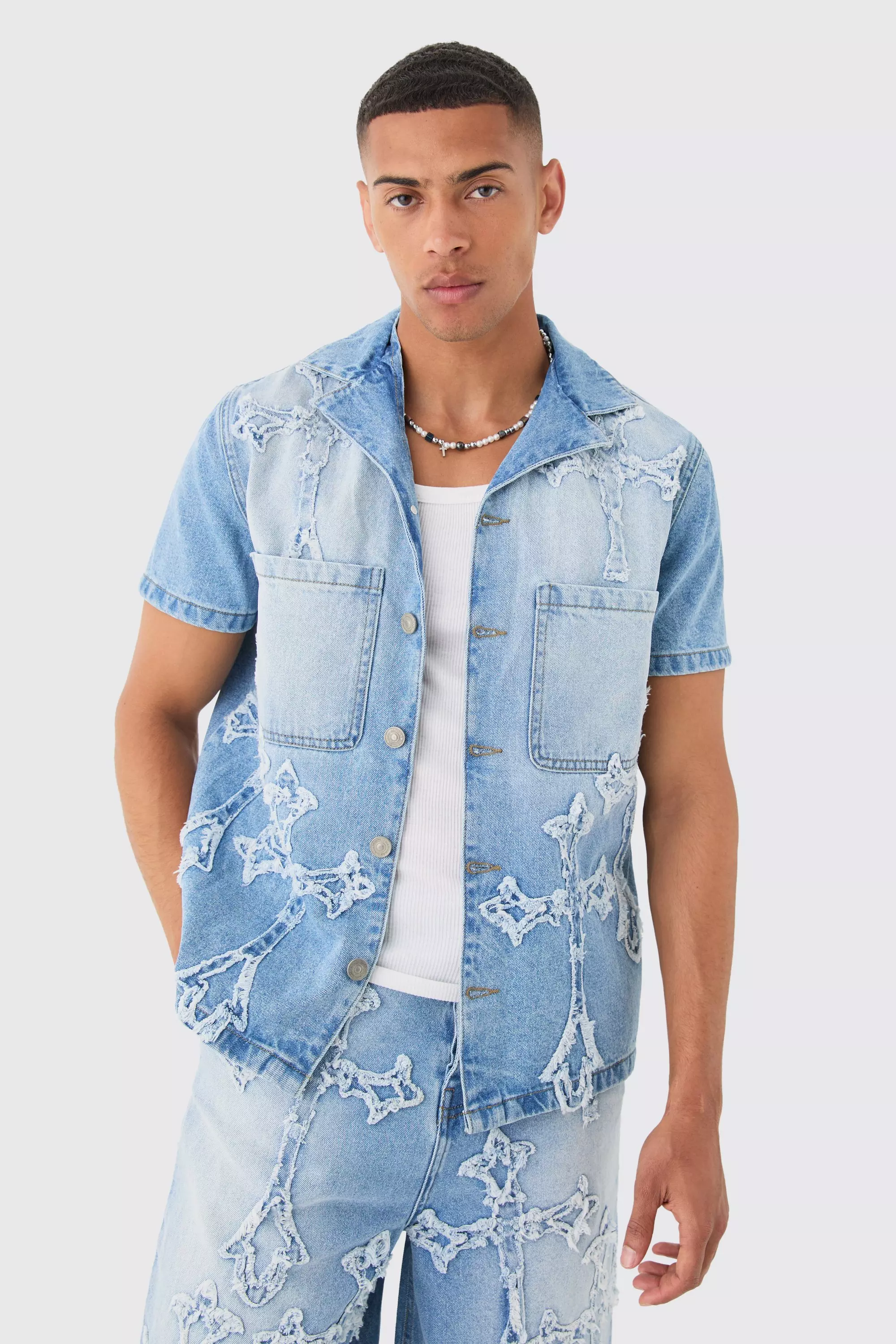 Blue Distressed Cross Applique Denim Revere Shirt In Light Blue