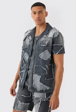 Grey Distressed Patchwork Revere Denim Shirt In Charcoal