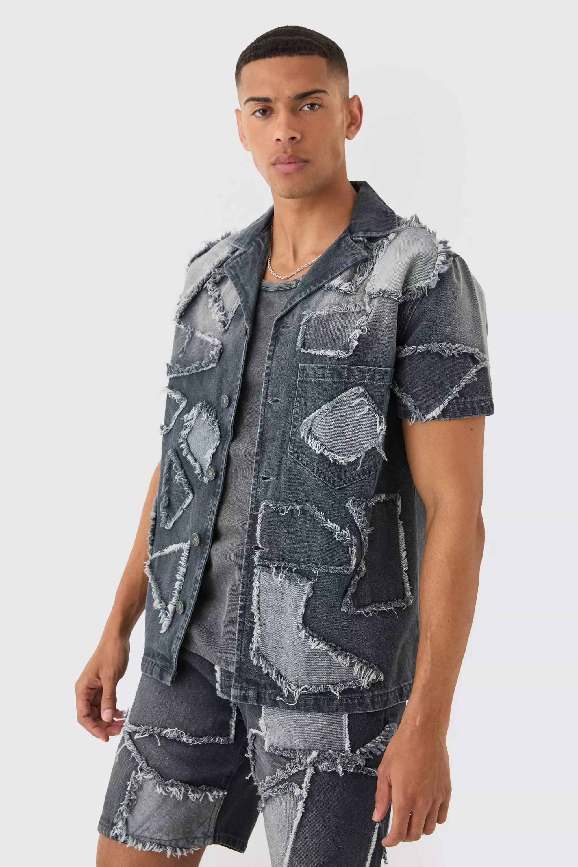 Grey Distressed Patchwork Revere Denim Shirt In Charcoal