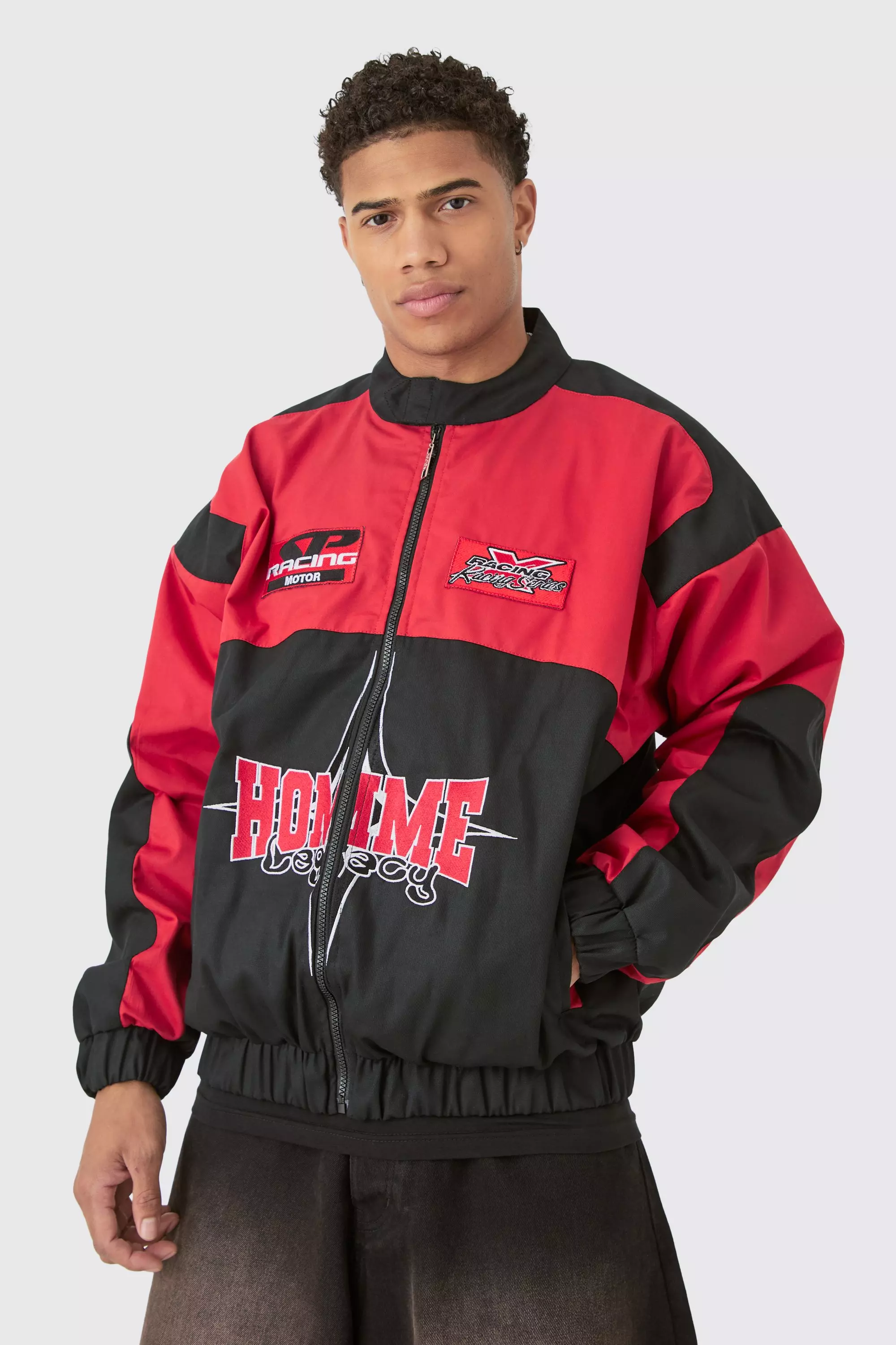 Red Oversized Homme Twill Moto Jacket In Red