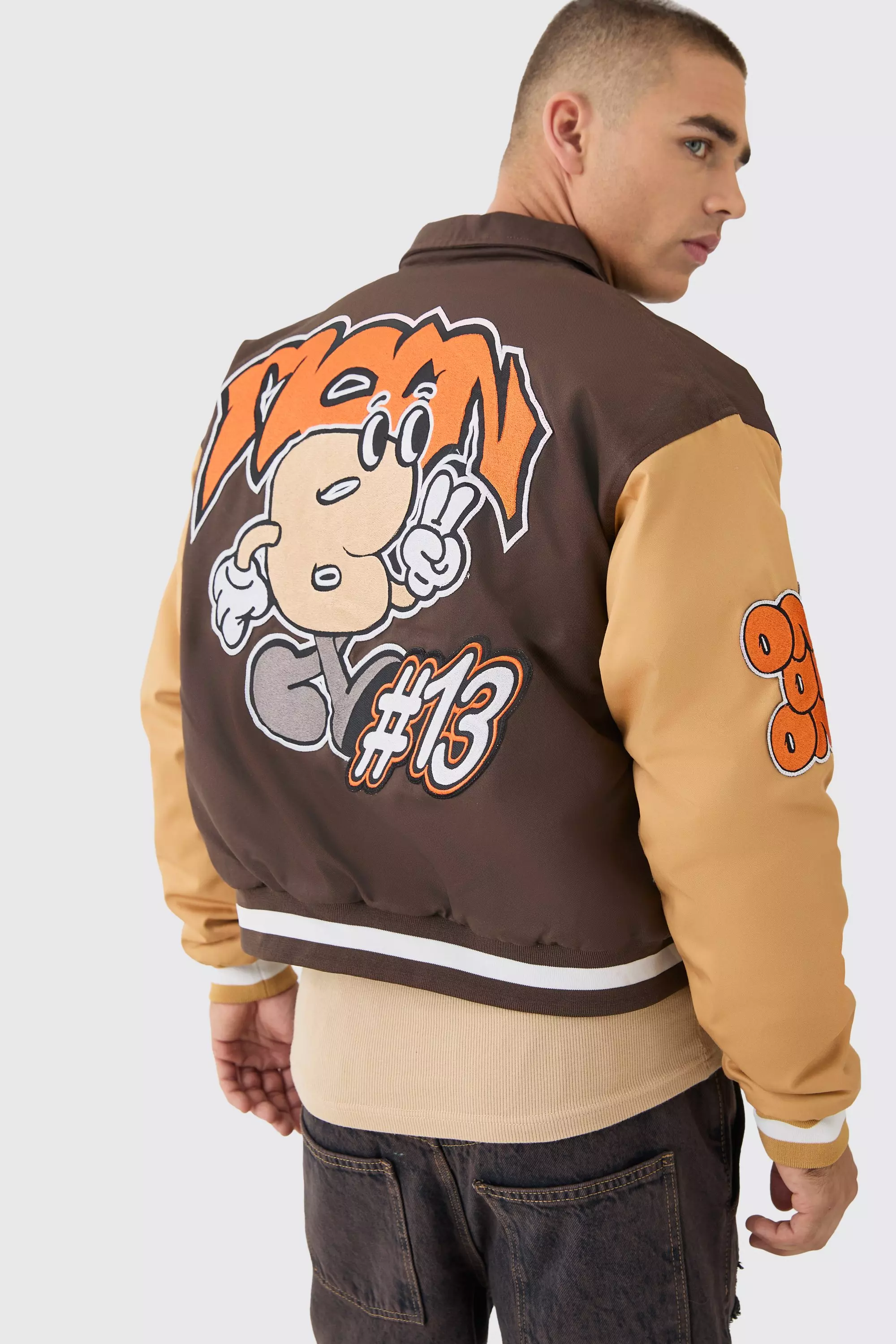 Boxy Twill Embroidered Collared Varsity Jacket In Brown Brown