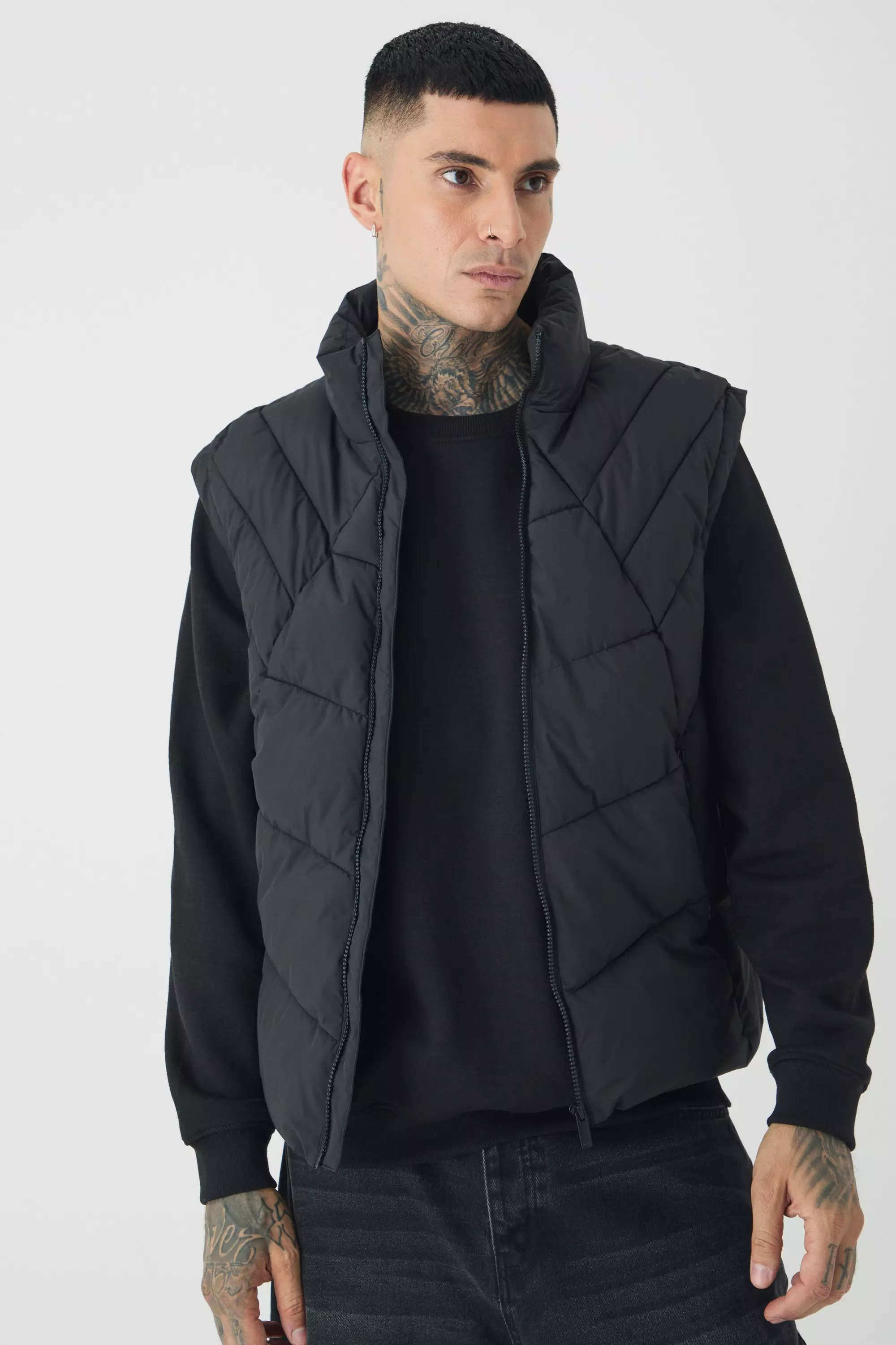 Tall Abstract Quilted Funnel Neck Vest In Black Black