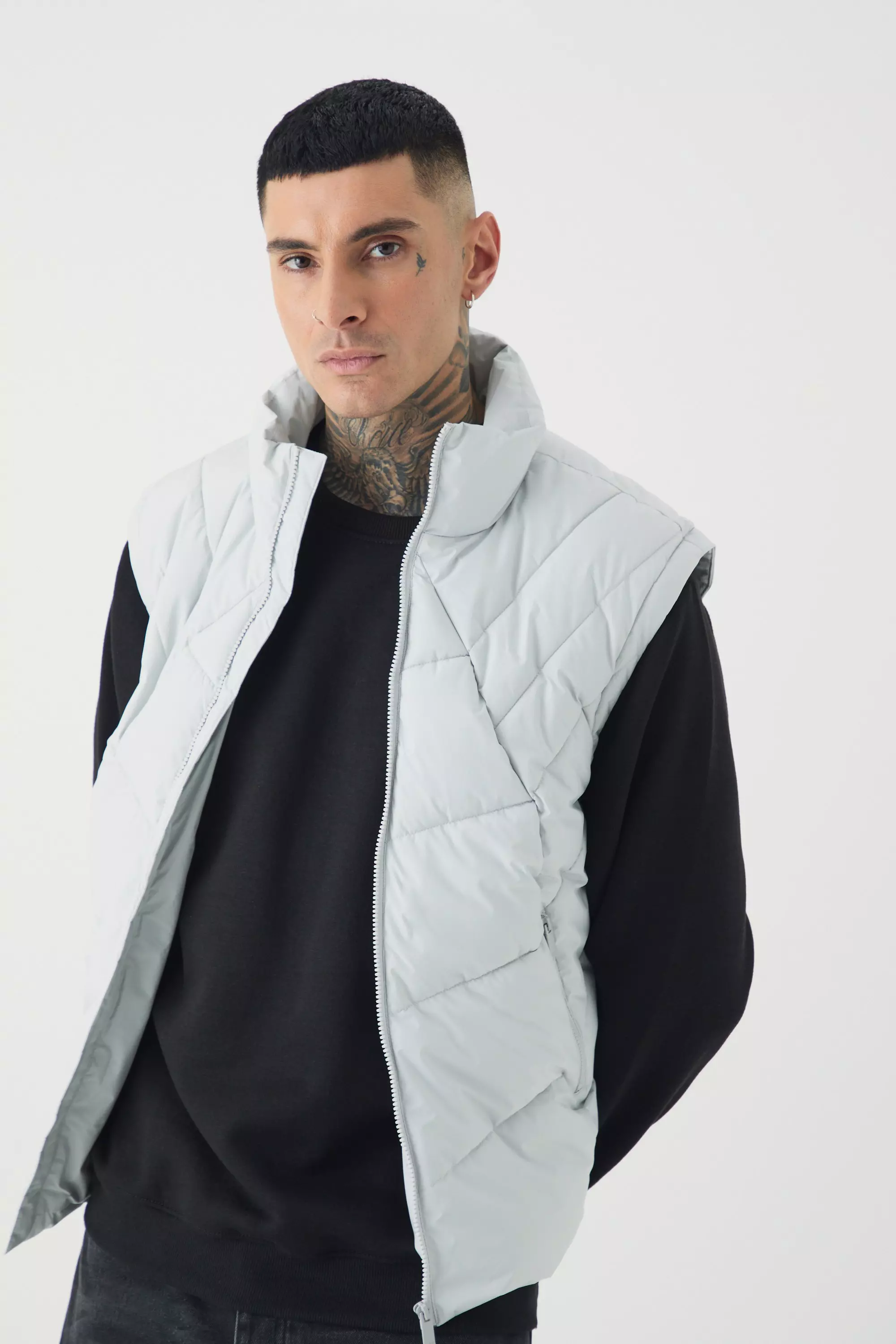 Tall Abstract Quilted Funnel Neck Vest In Light Grey Light grey