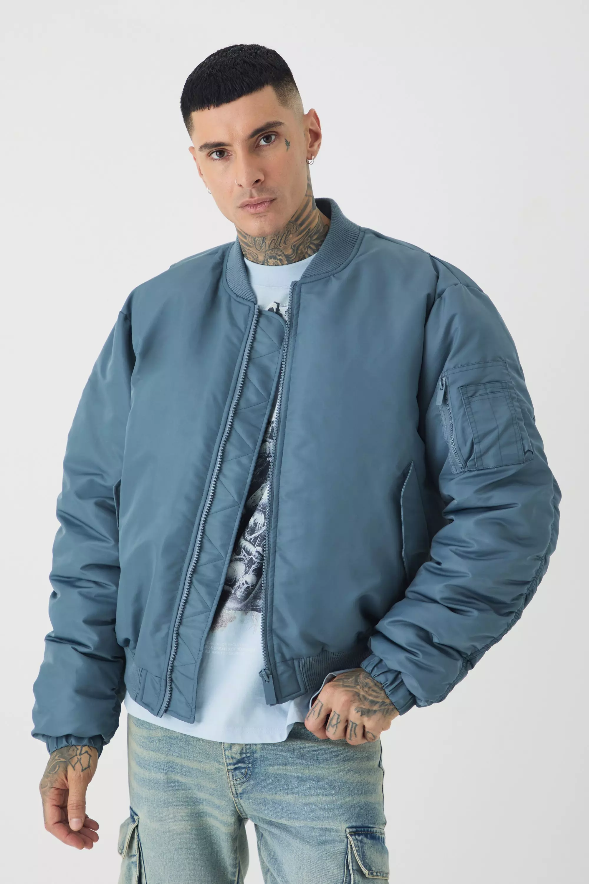 Tall Padded Nylon Panelled Bomber Jacket In Slate boohooMAN USA