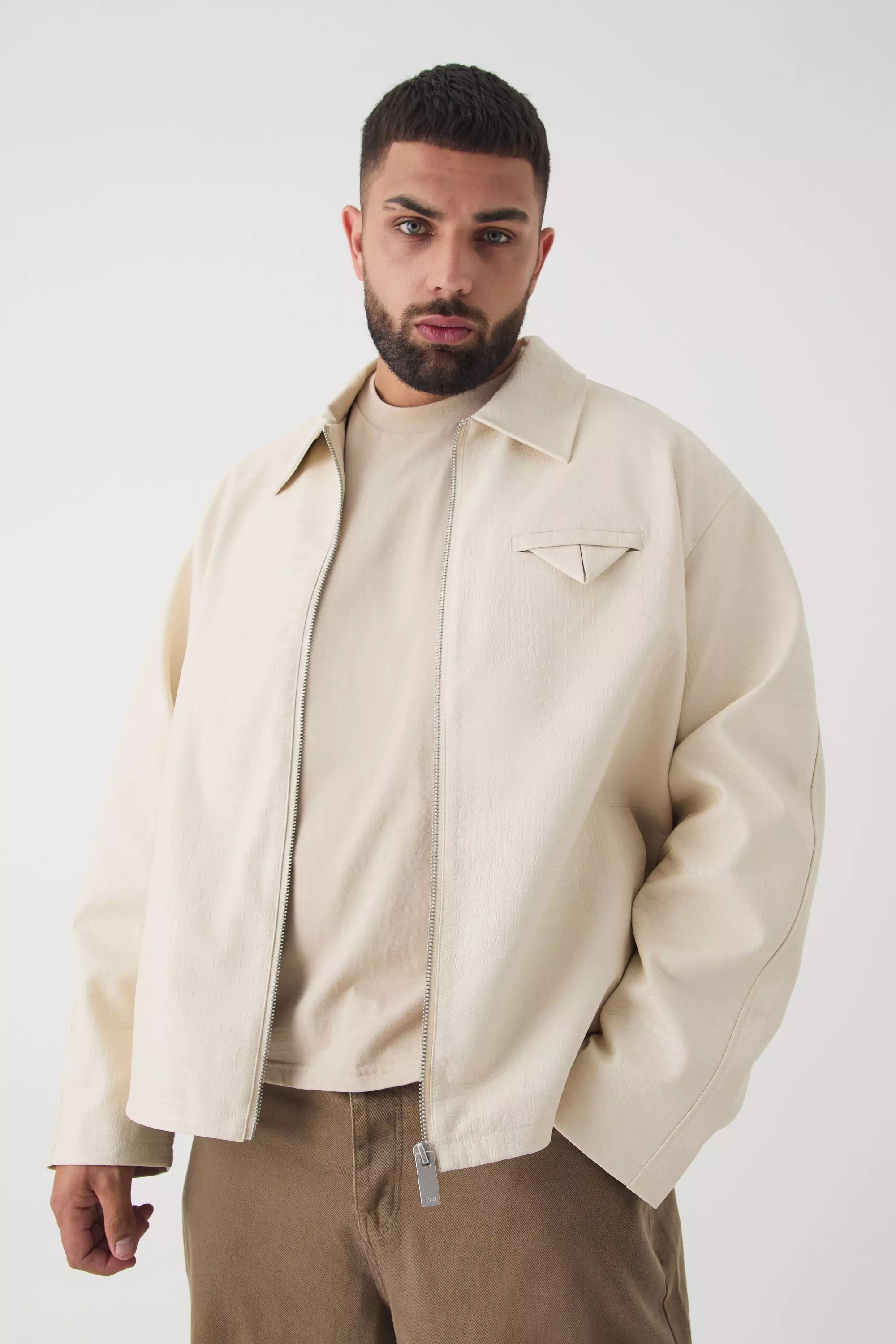 Plus Boxy Textured PU Harrington Jacket In Ecru alternative image