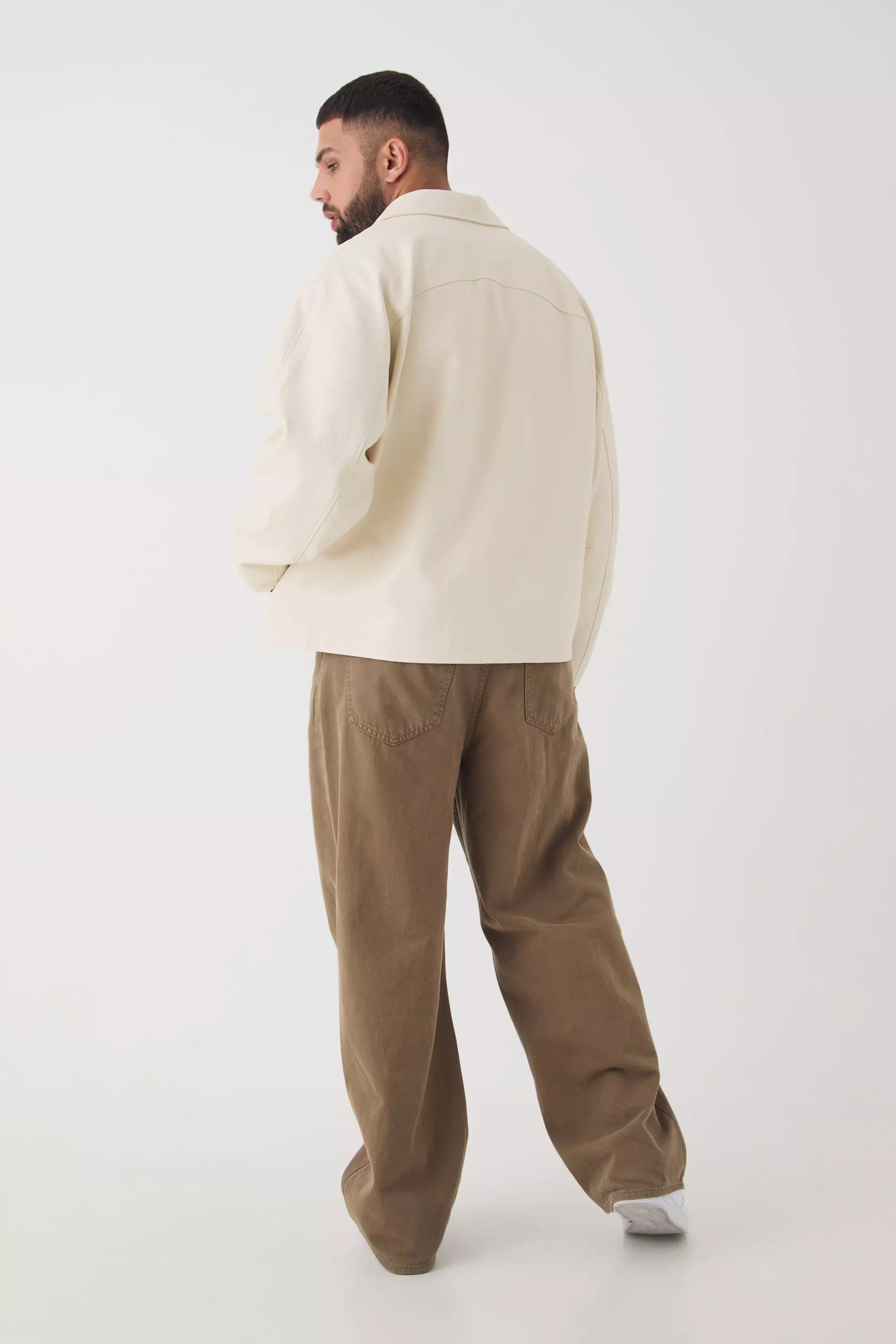 Plus Boxy Textured PU Harrington Jacket In Ecru alternative image