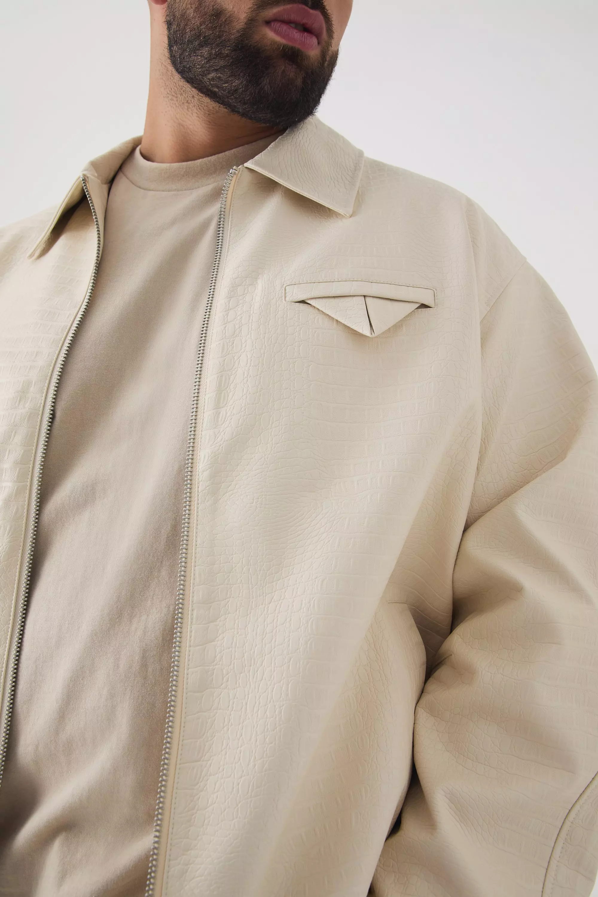 Plus Boxy Textured PU Harrington Jacket In Ecru alternative image