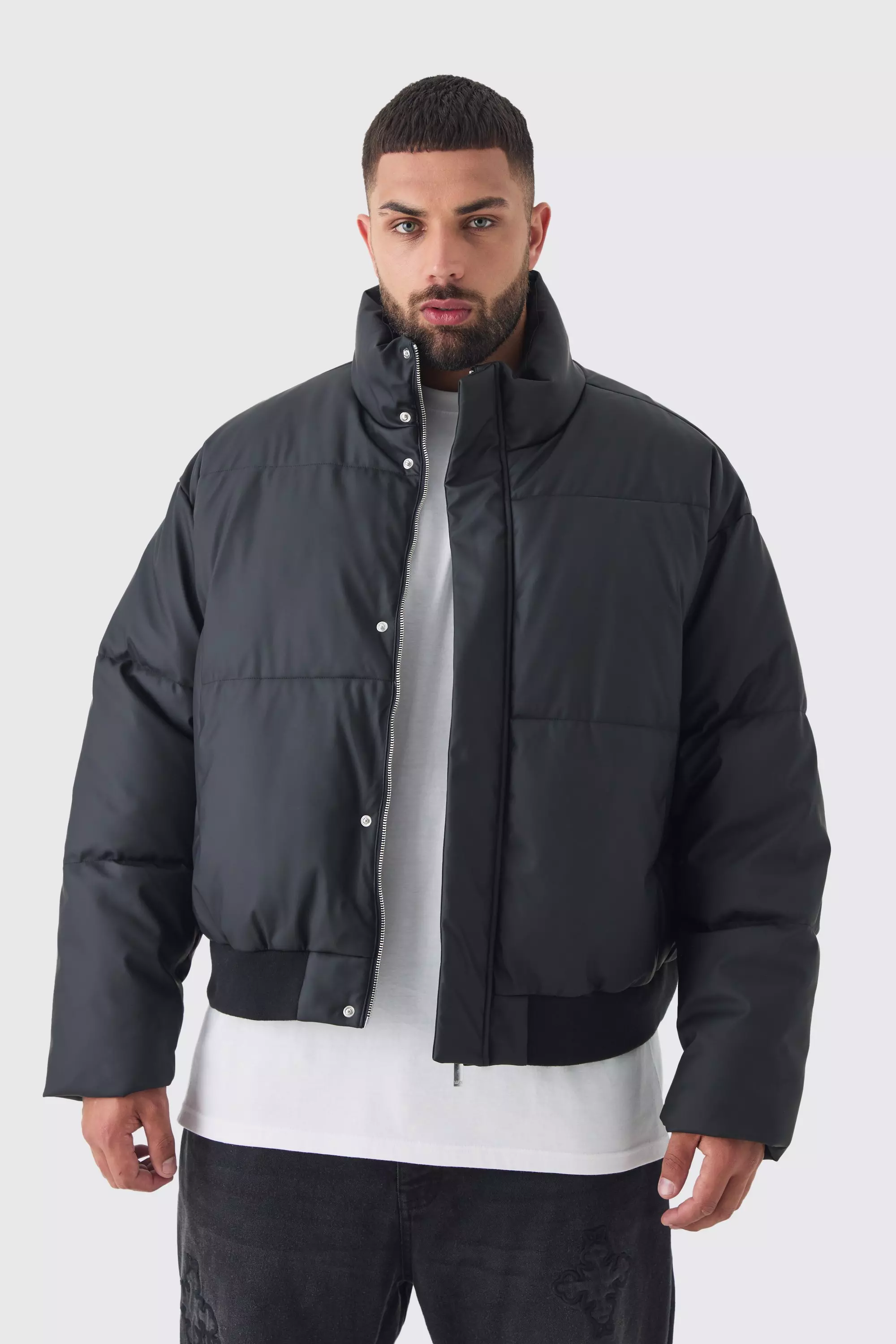 Plus Matte PU Funnel Neck Puffer In Black alternative image