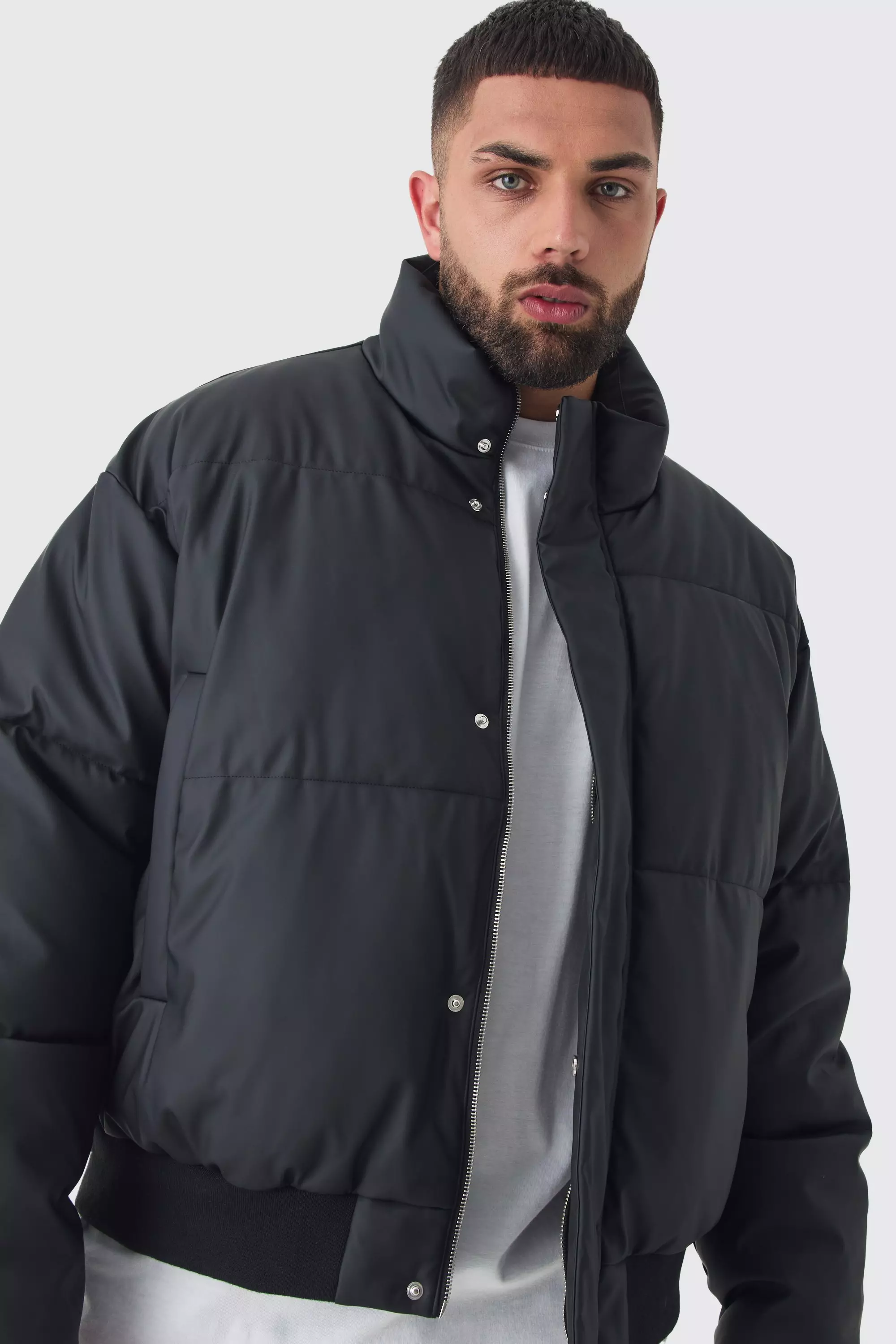 Plus Matte PU Funnel Neck Puffer In Black alternative image