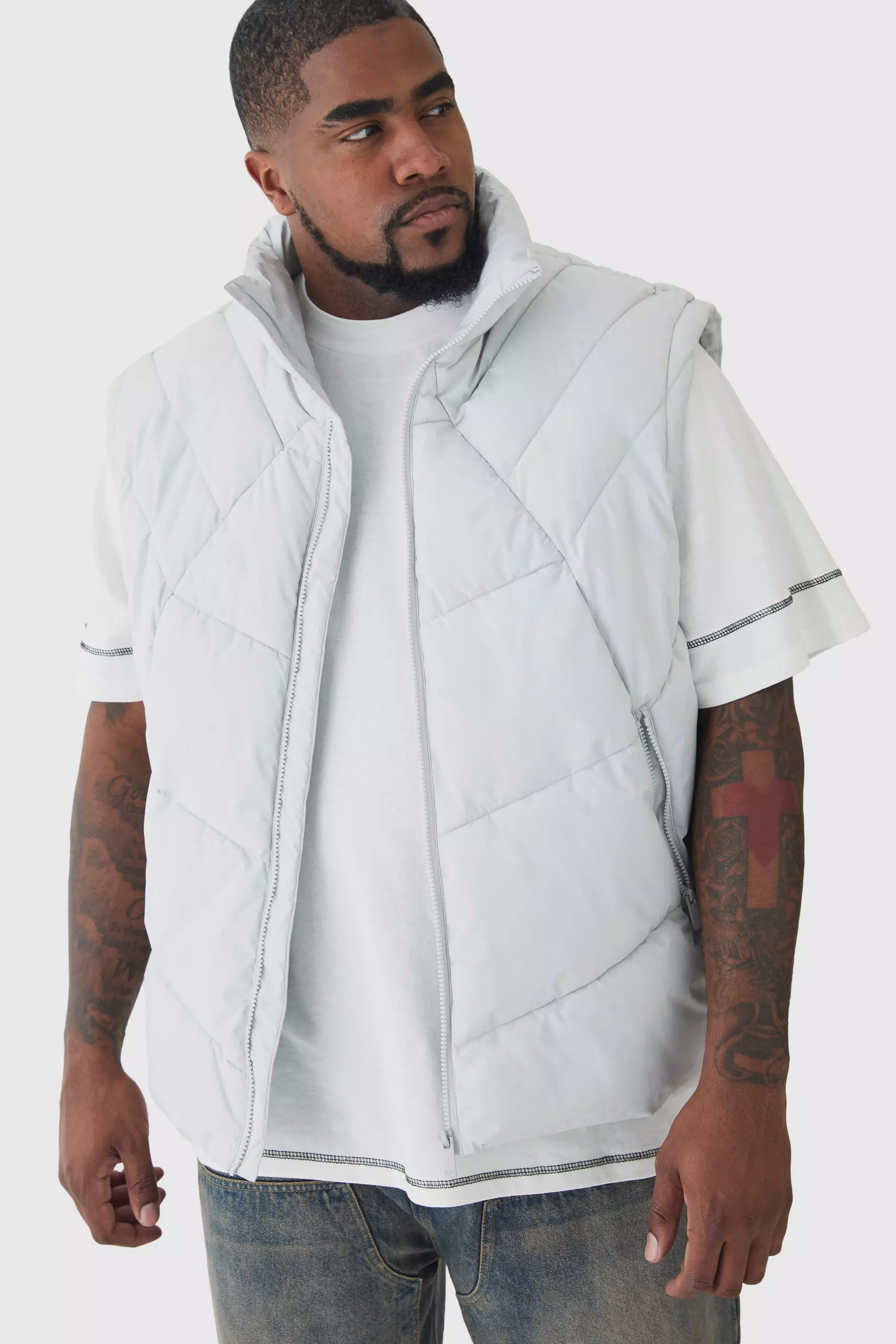 Plus Abstract Quilted Funnel Neck Vest In Light Grey Light grey