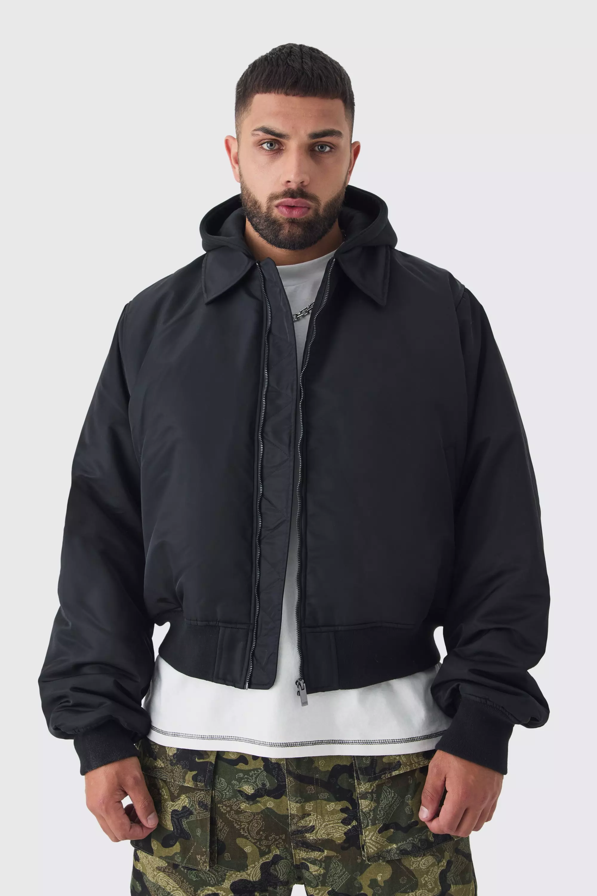 Plus Collared Boxy Bomber Jacket With Jersey Hood In Black Black