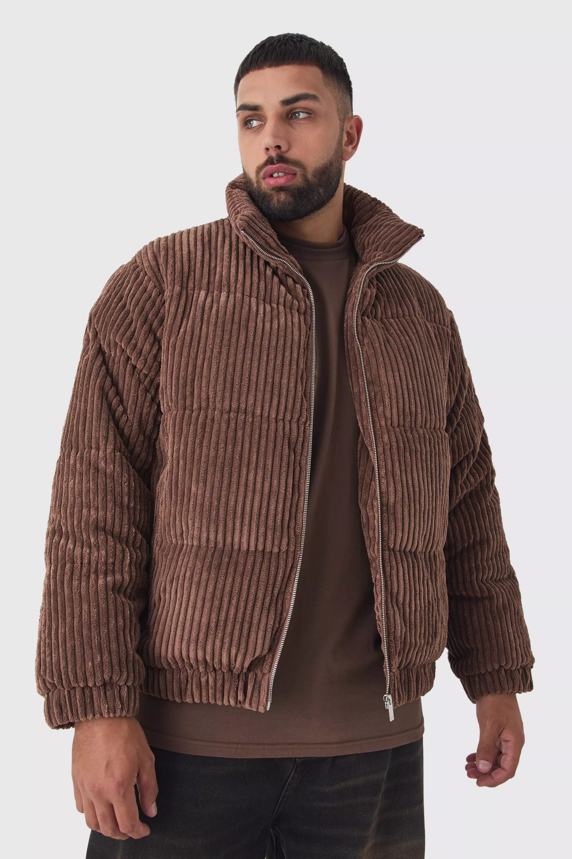 Plus Jumbo Cord Funnel Neck Puffer Jacket In Black alternative image