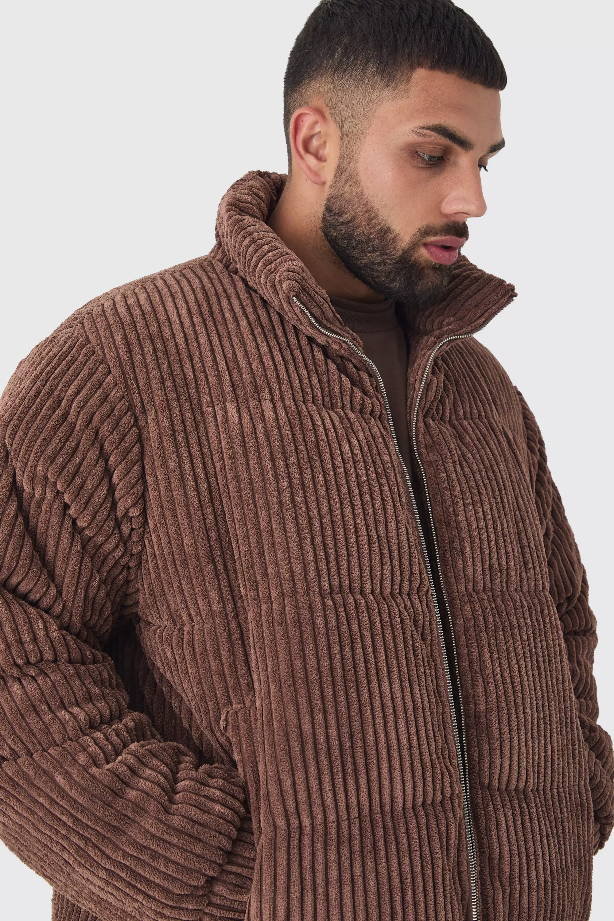 Plus Jumbo Cord Funnel Neck Puffer Jacket In Black alternative image