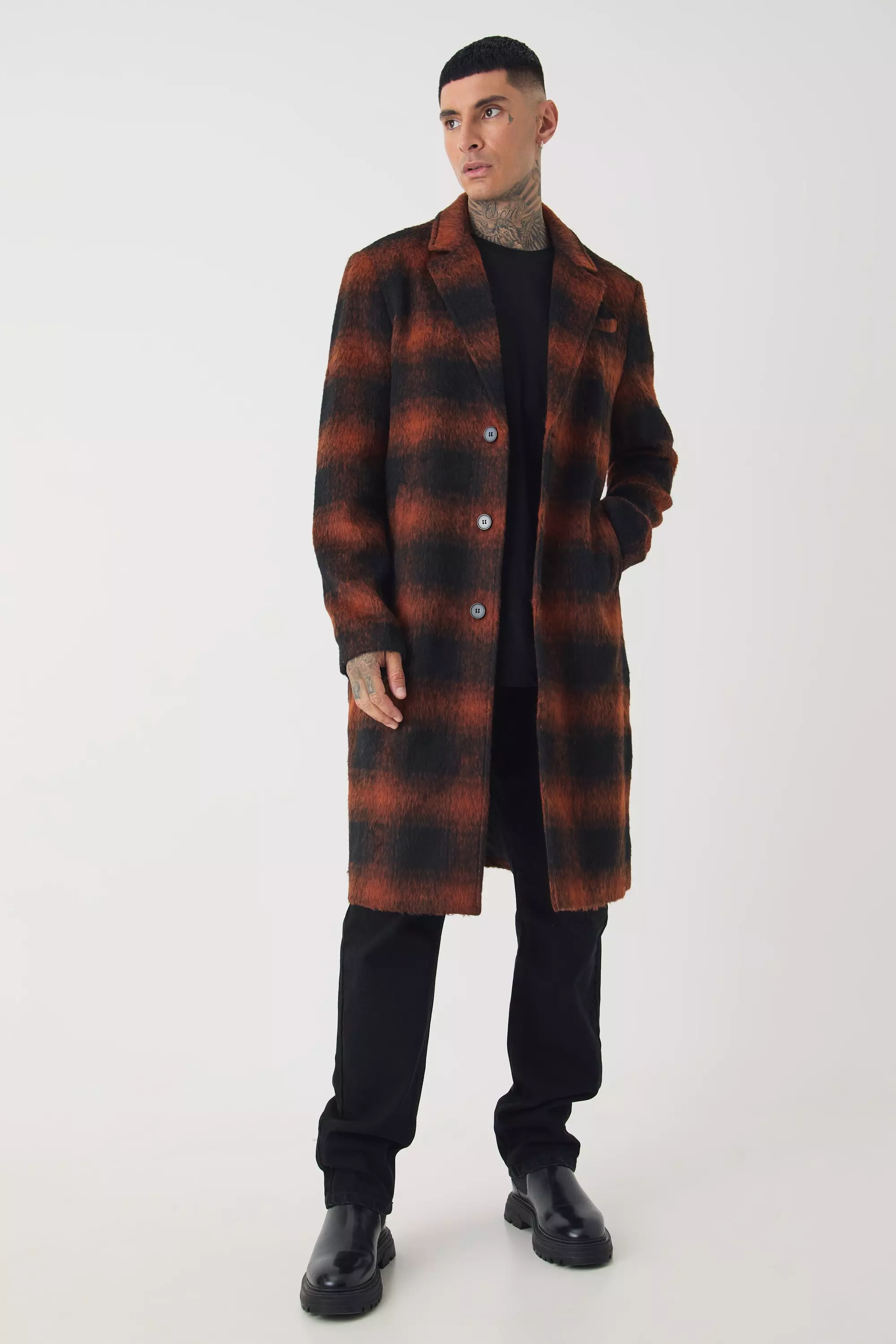 Tall Oversized Brushed Plaid Overcoat In Brown Brown