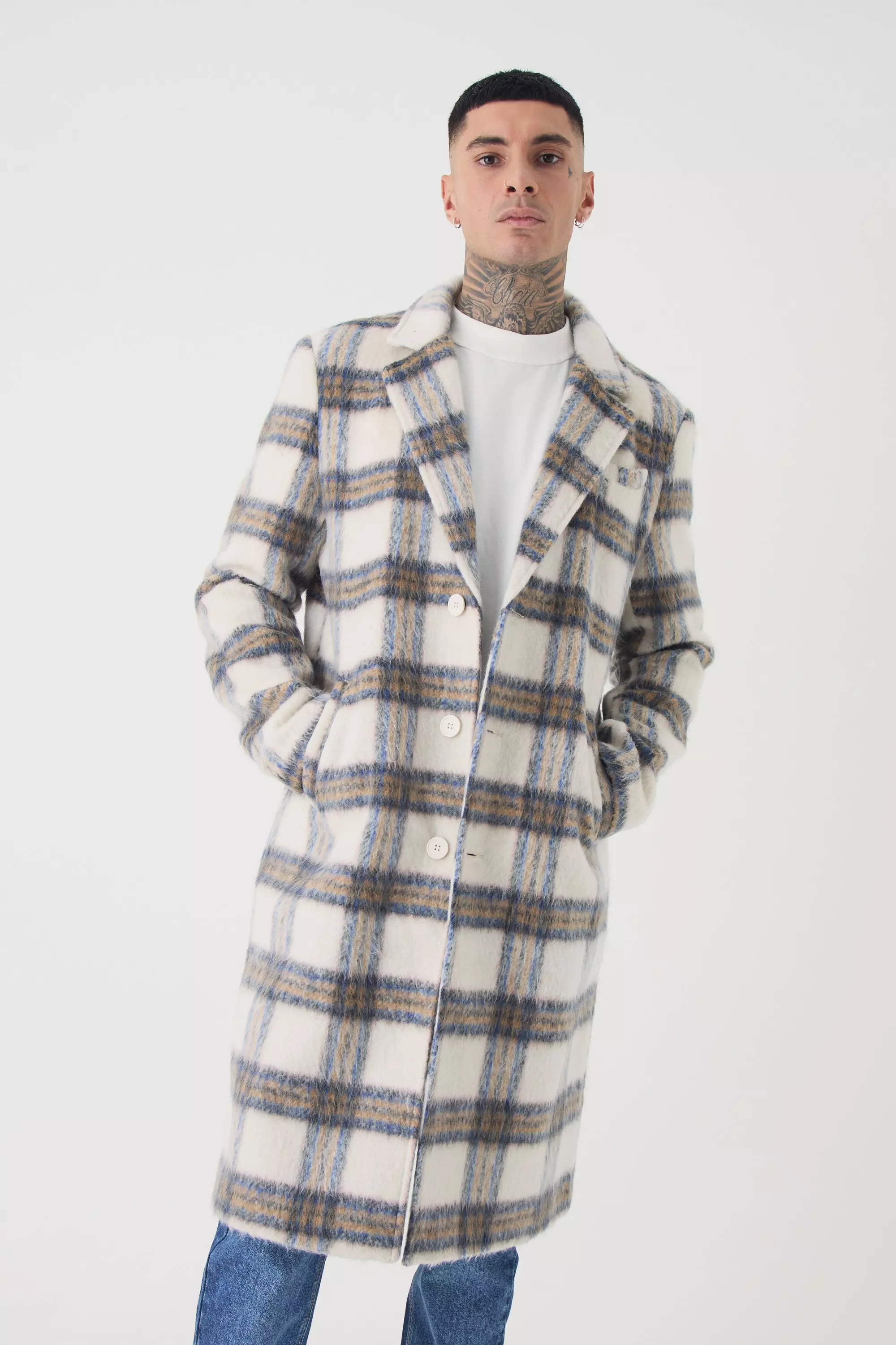 Tall Oversized Brushed Check Overcoat In Ecru Ecru