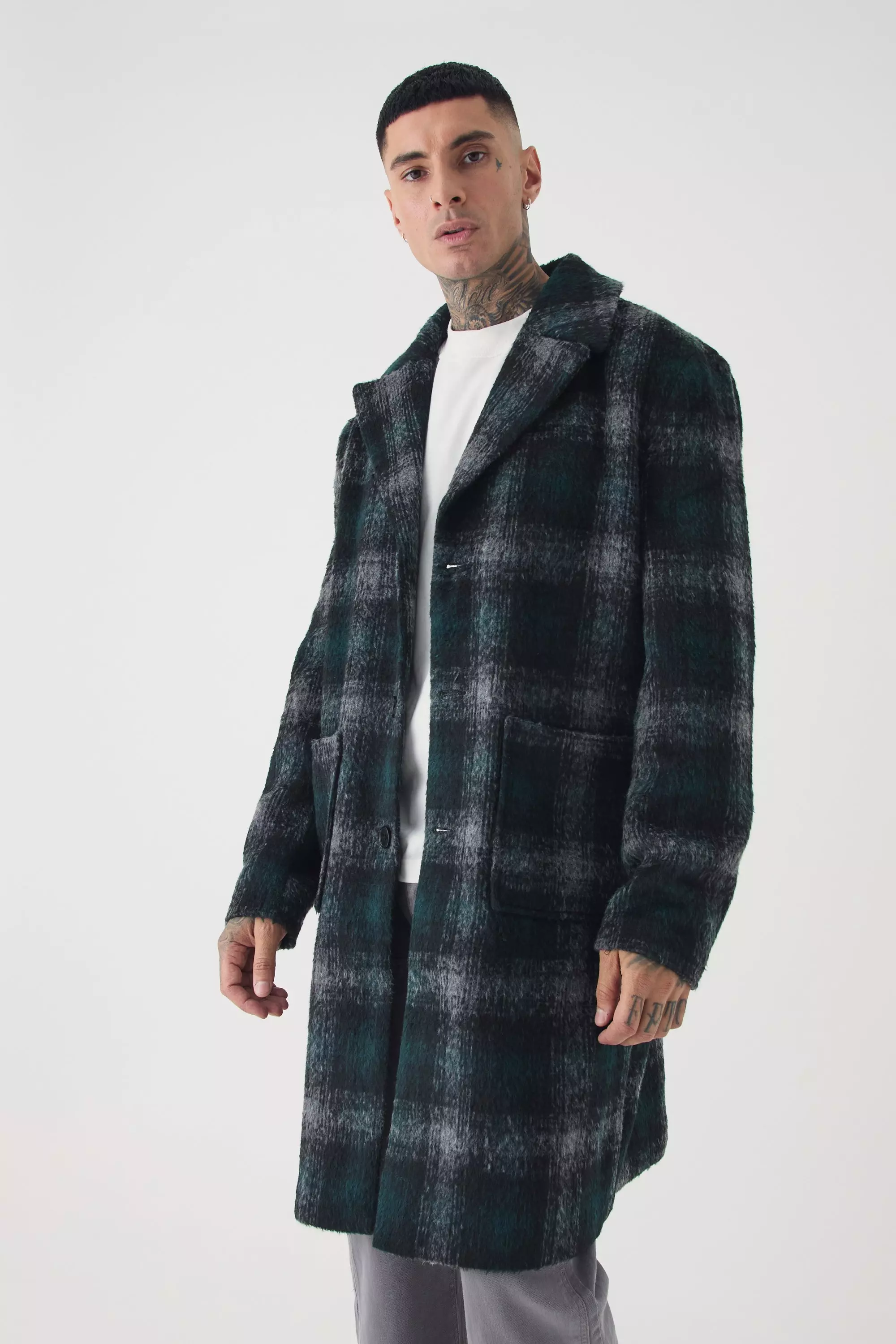 Tall Relaxed Fit Single Breasted Plaid Overcoat In Green Green