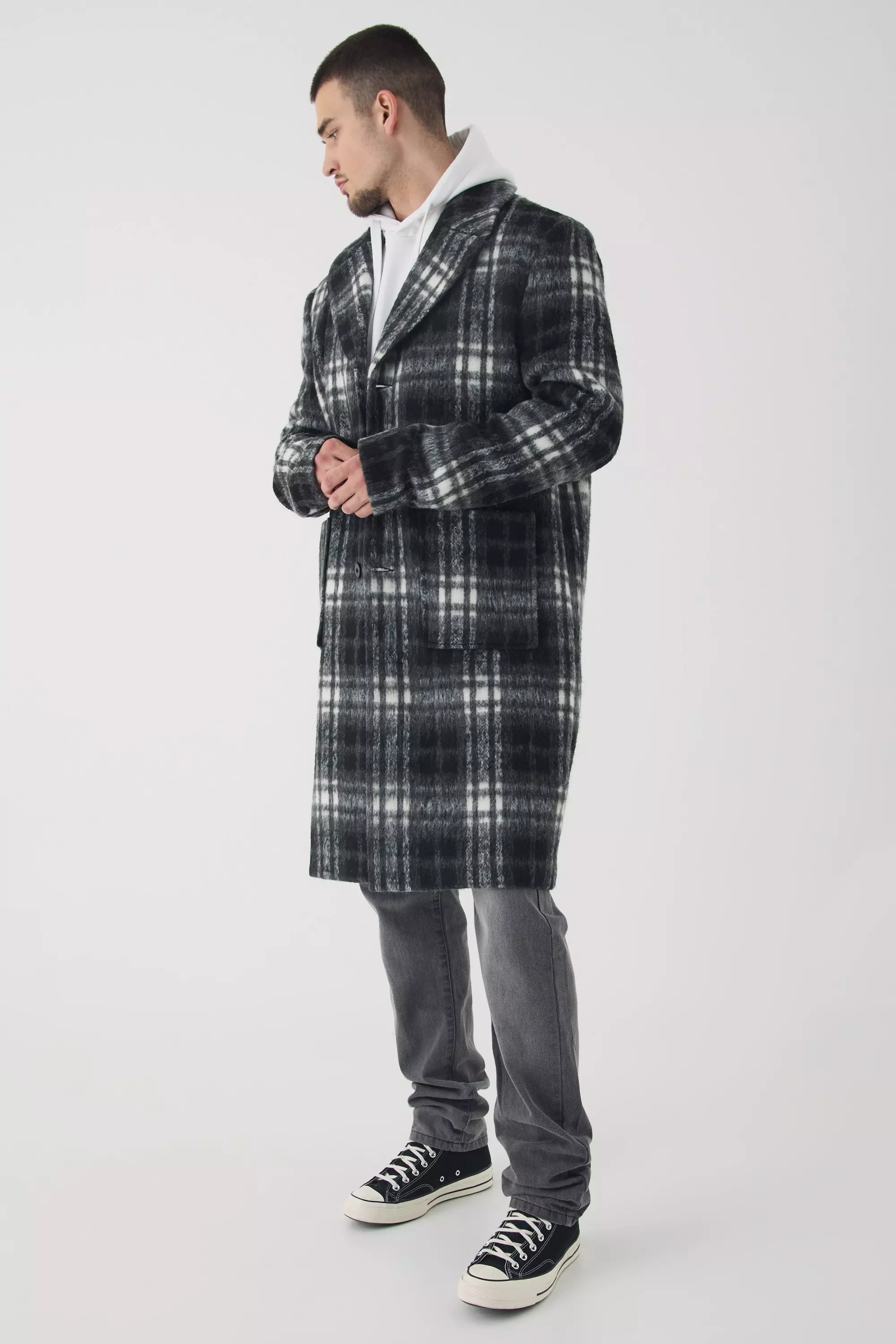 Tall Relaxed Fit Single Breasted Plaid Overcoat In Black Black