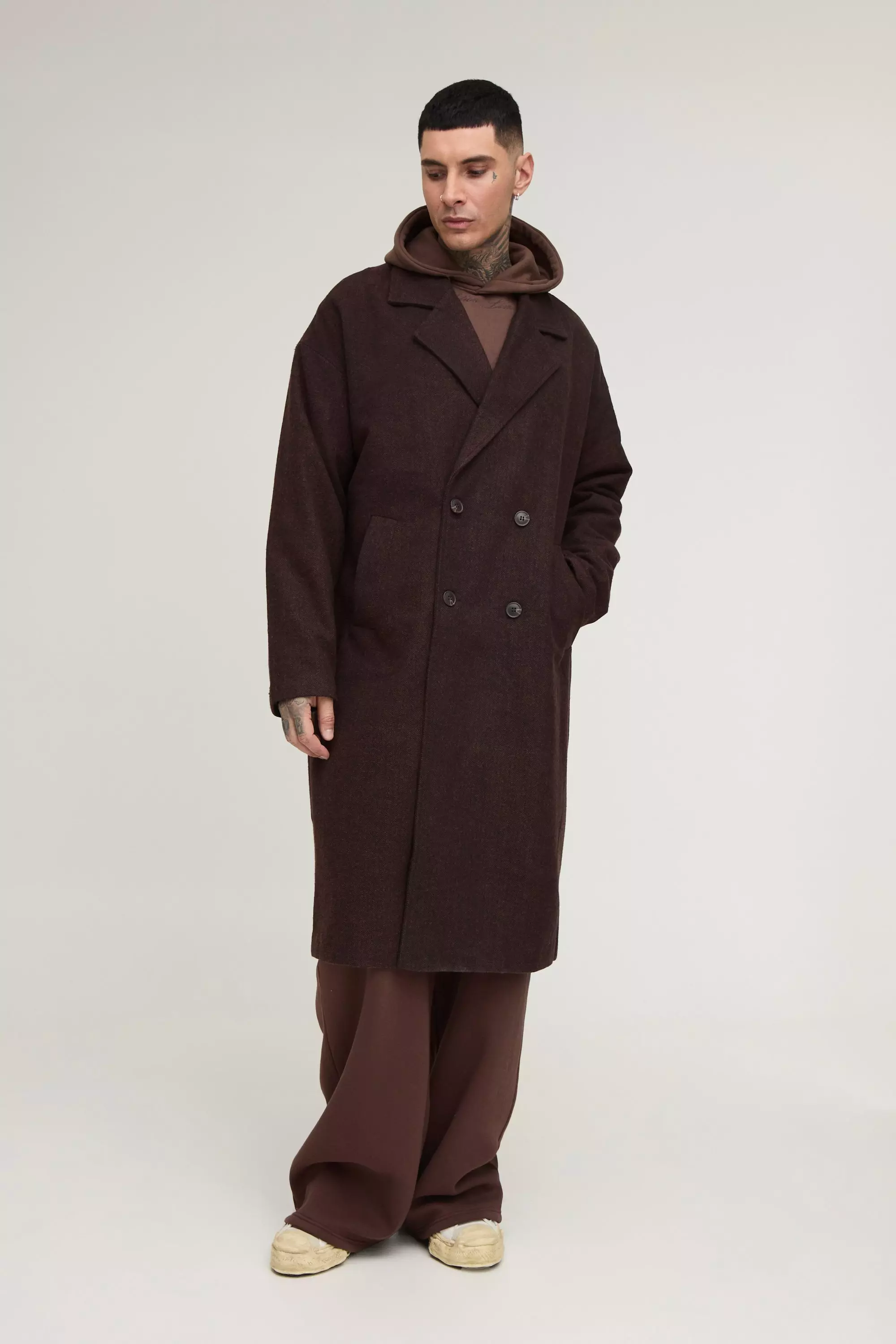 Tall Oversized Drop Shoulder Herringbone Overcoat In Brown Brown