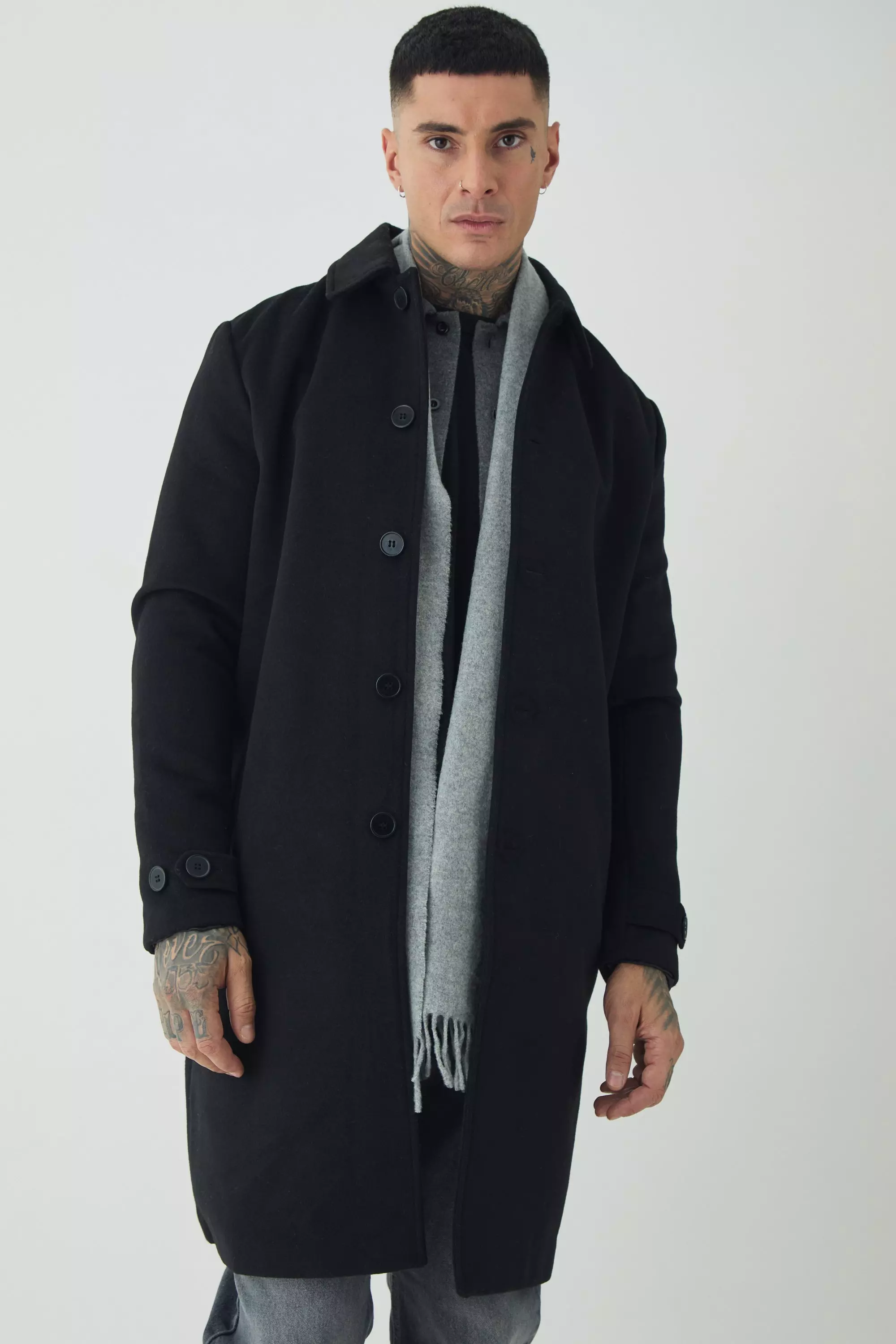 Tall Single Breasted Collared Overcoat In Black Black