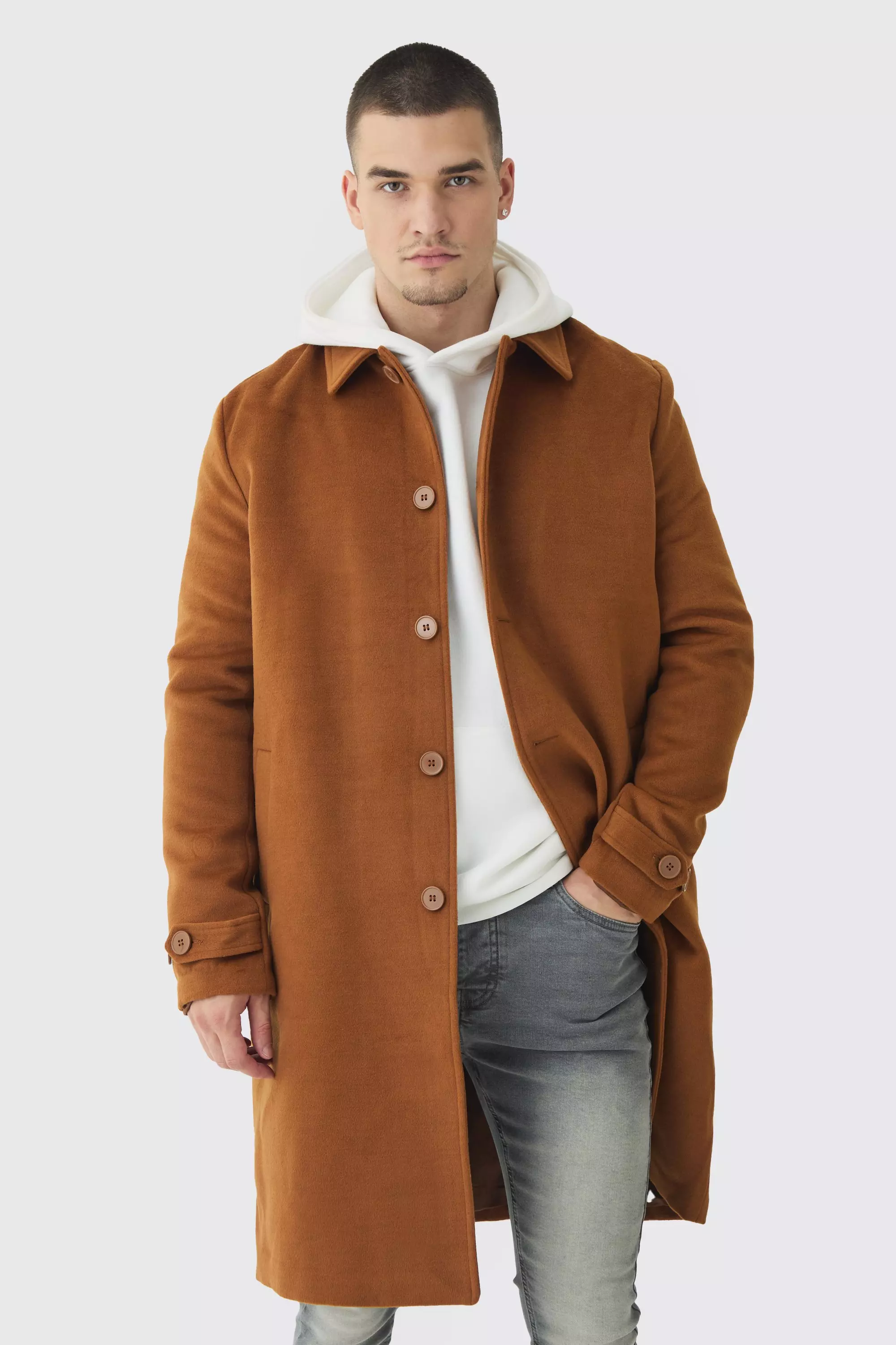 Tall Single Breasted Collared Overcoat In Tan Tan