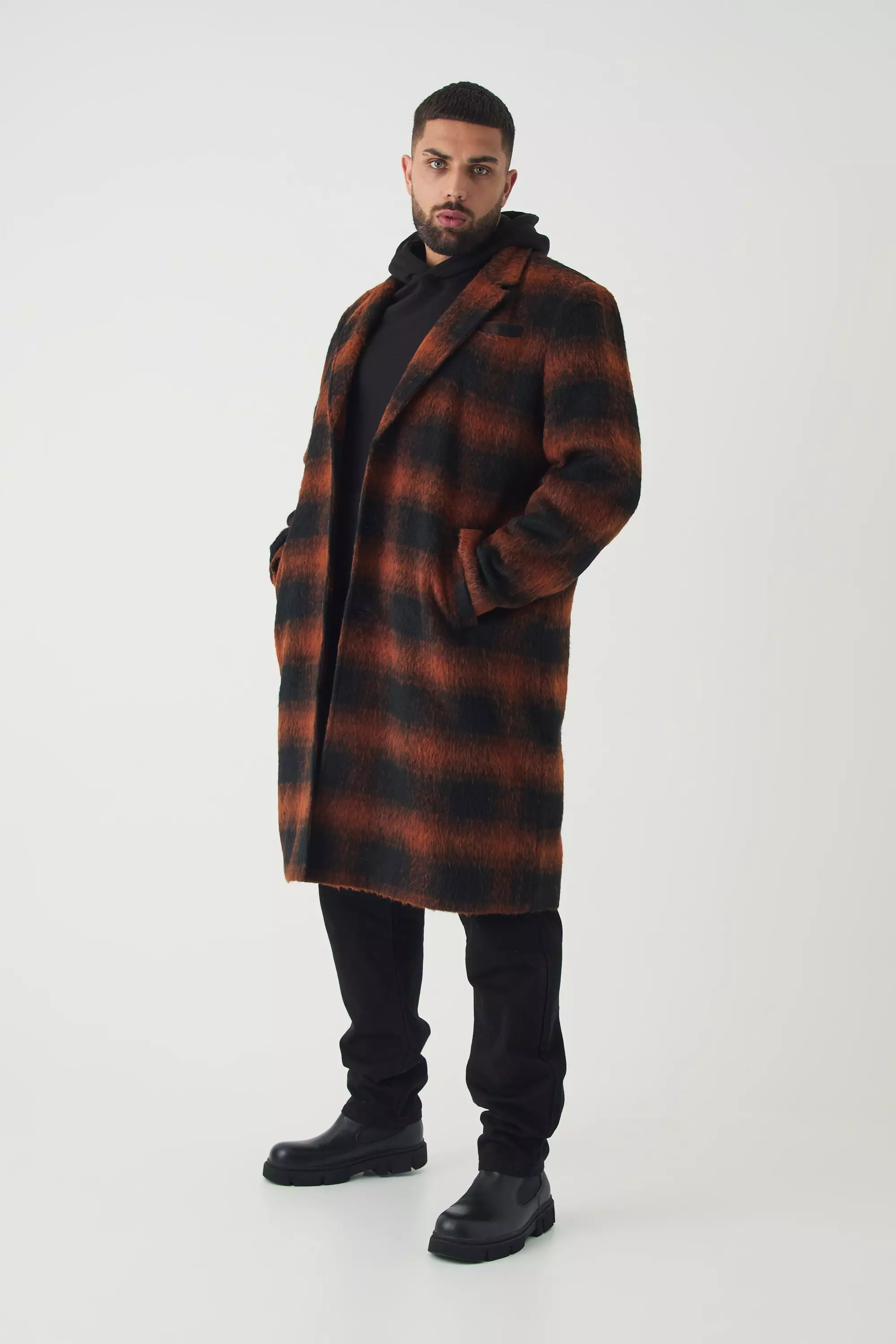 Plus Oversized Brushed Plaid Overcoat In Brown Brown