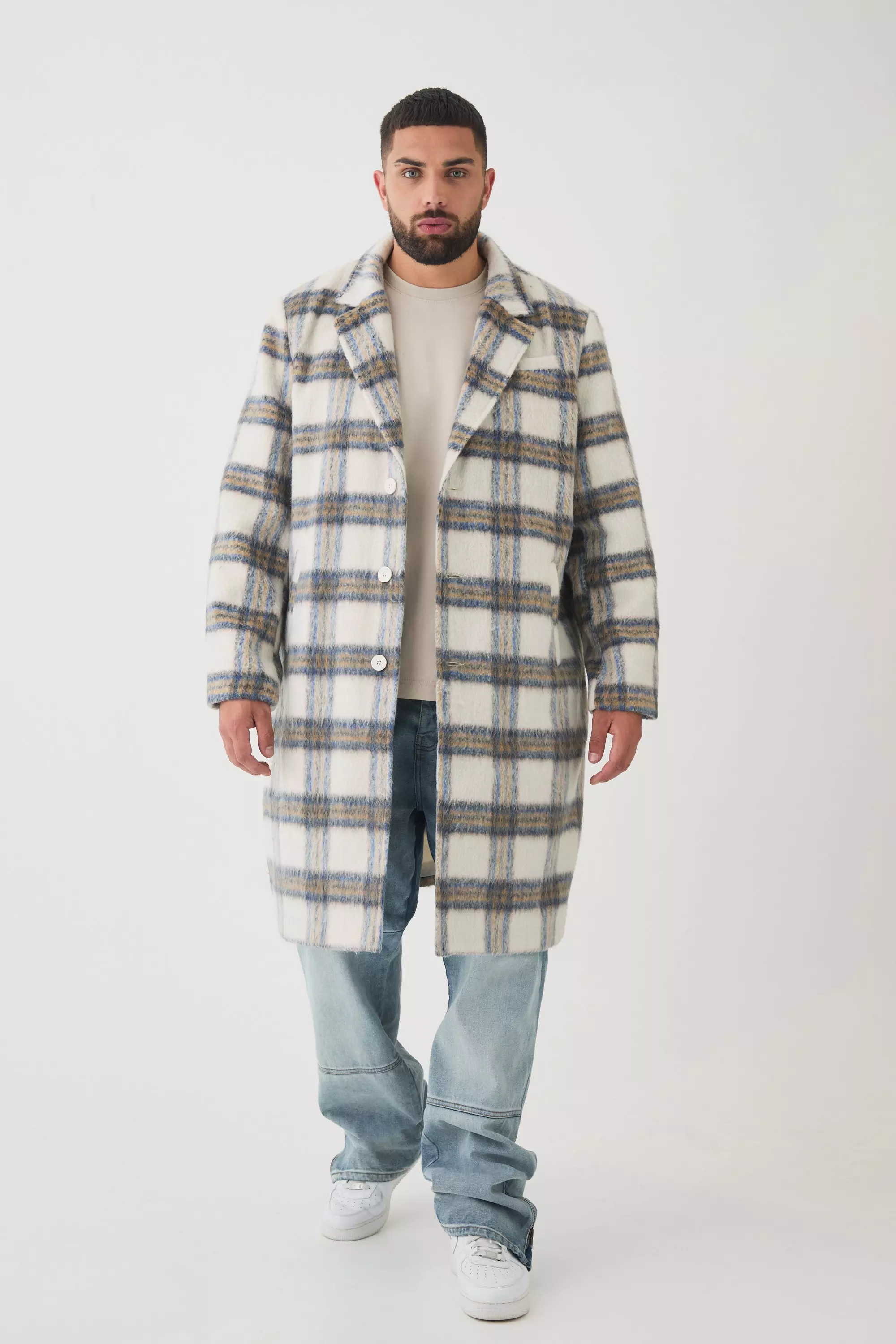 Plus Oversized Brushed Plaid Overcoat In Ecru Ecru