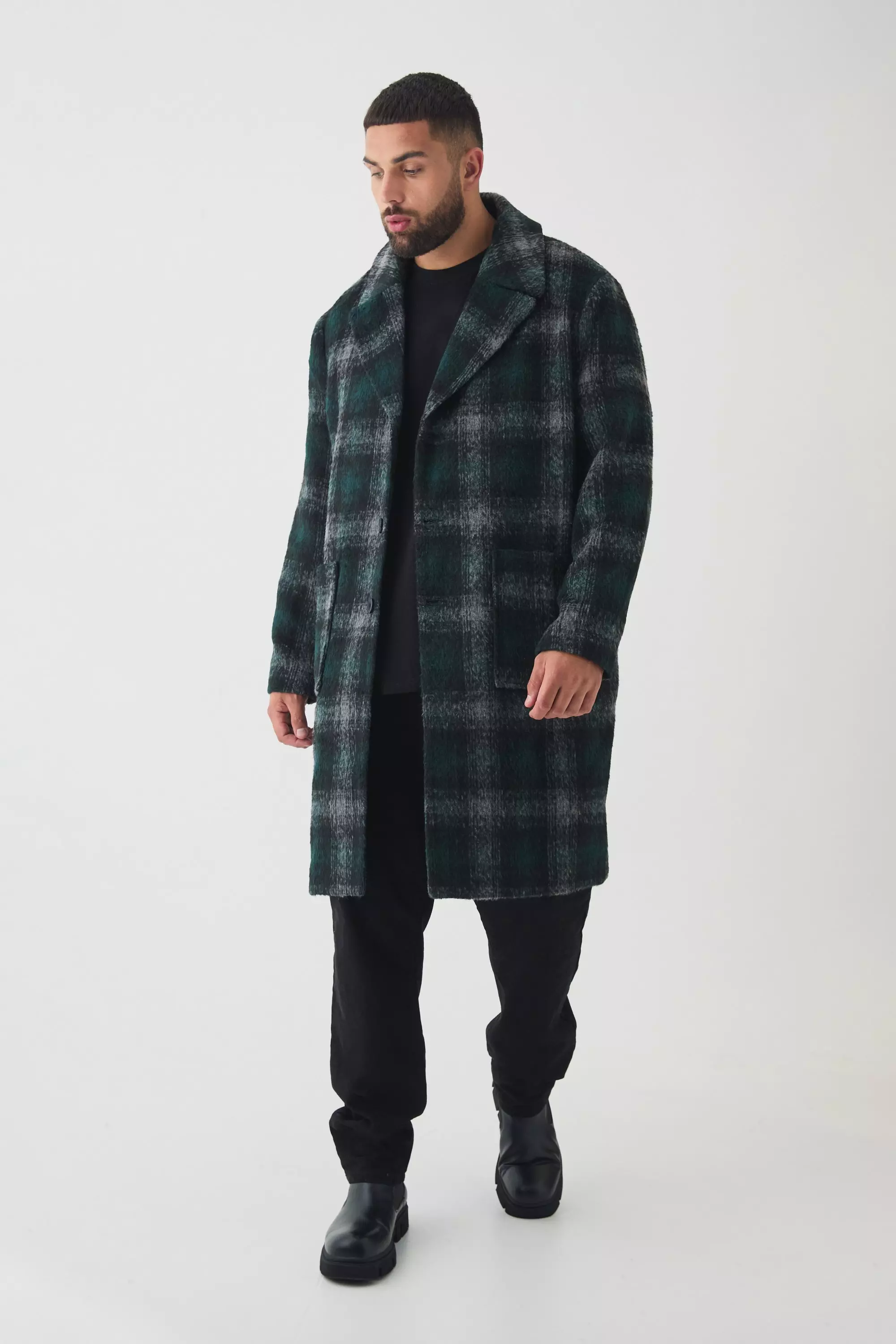 Plus Relaxed Fit Single Breasted Plaid Overcoat In Green Green