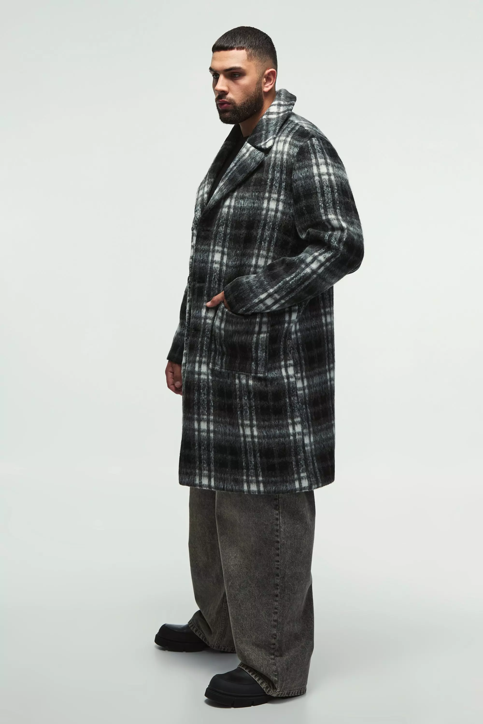 Plus Relaxed Fit Single Breasted Plaid Overcoat In Black Black