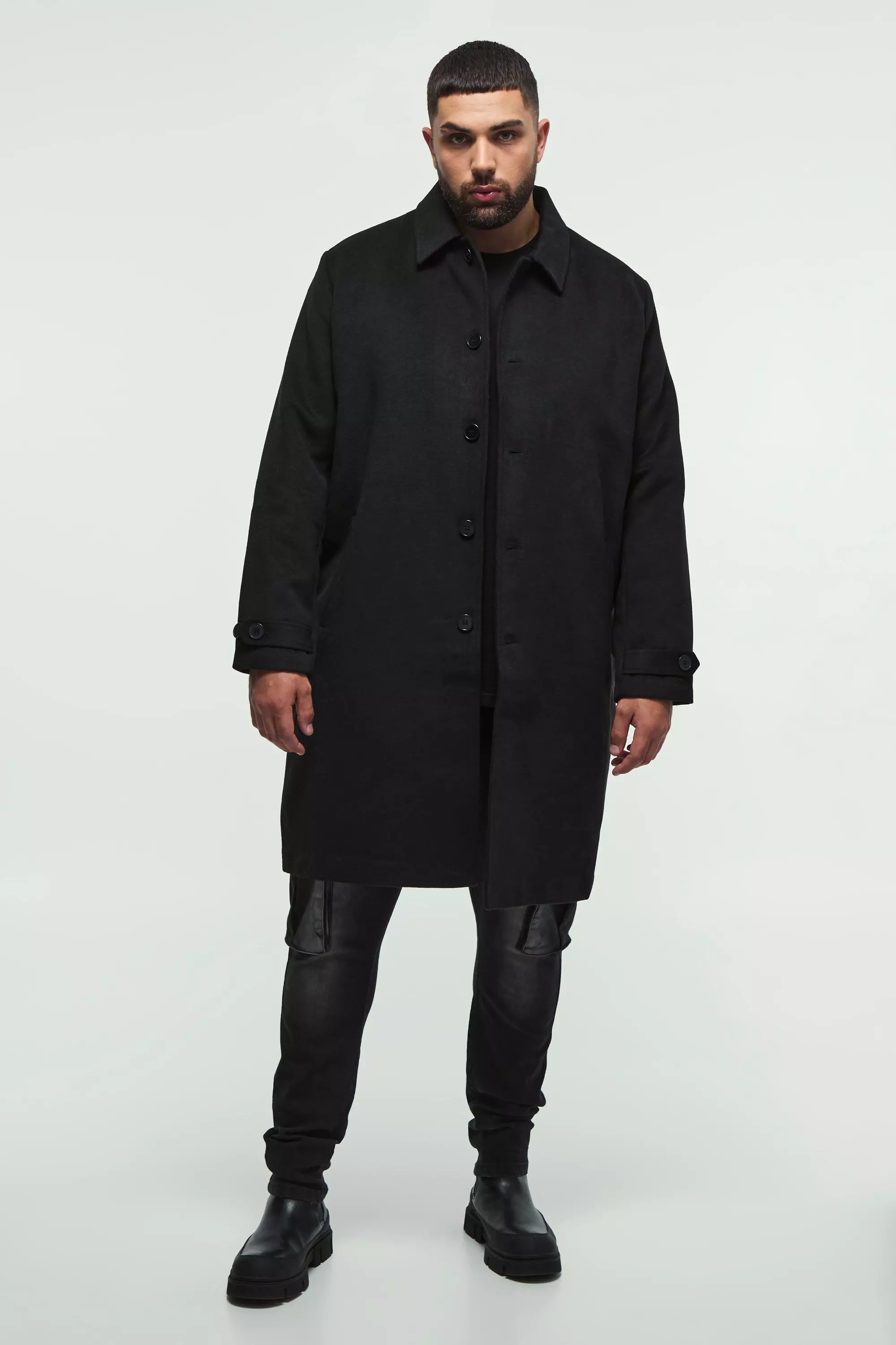 Plus Single Breasted Collared Overcoat In Black Black