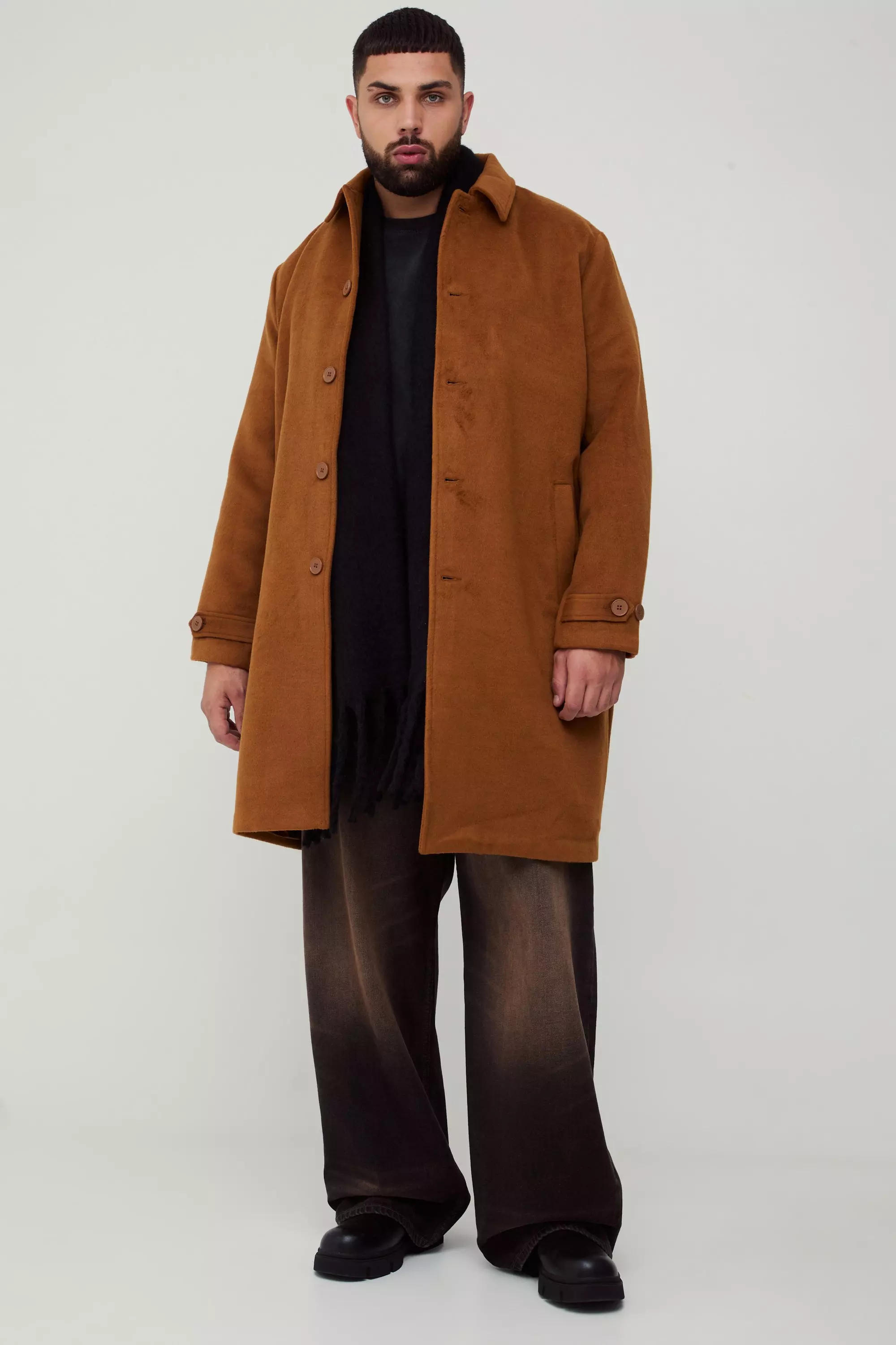 Plus Single Breasted Collared Overcoat In Tan Tan